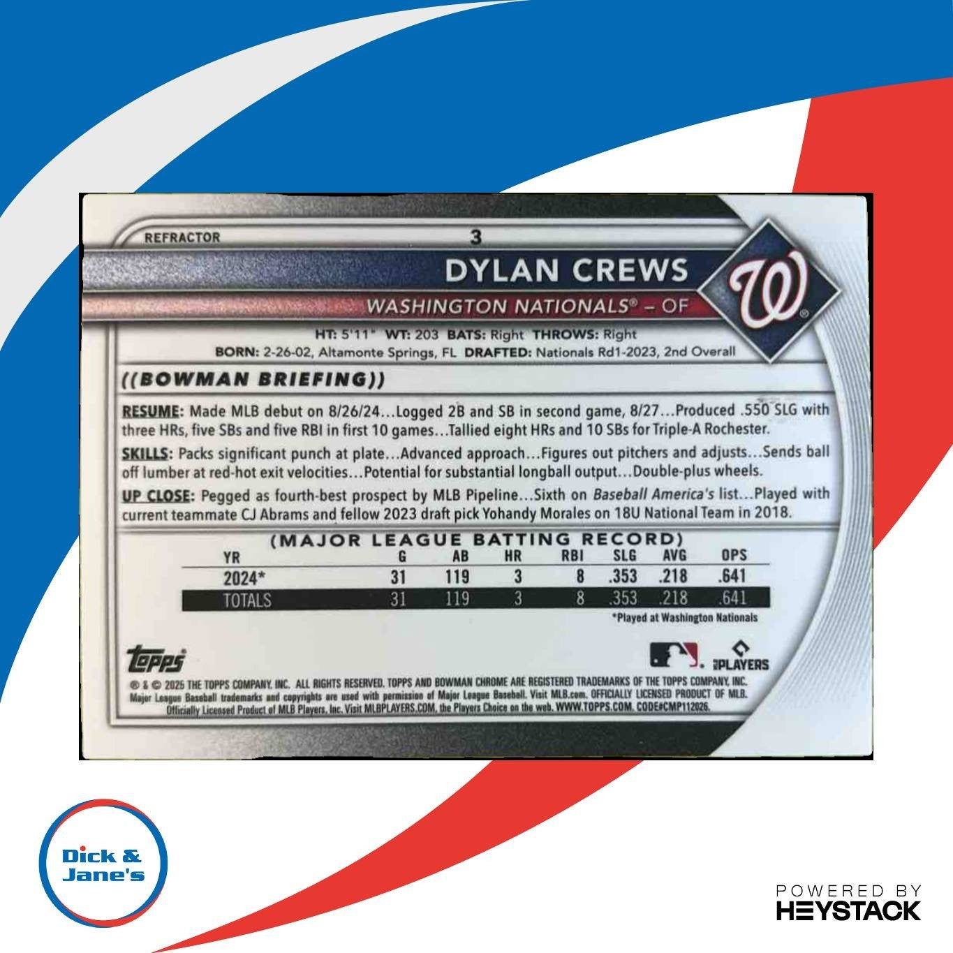 2025 Bowman Chrome Dylan Crews Refractor 129/499 #3 RC Washington Nationals