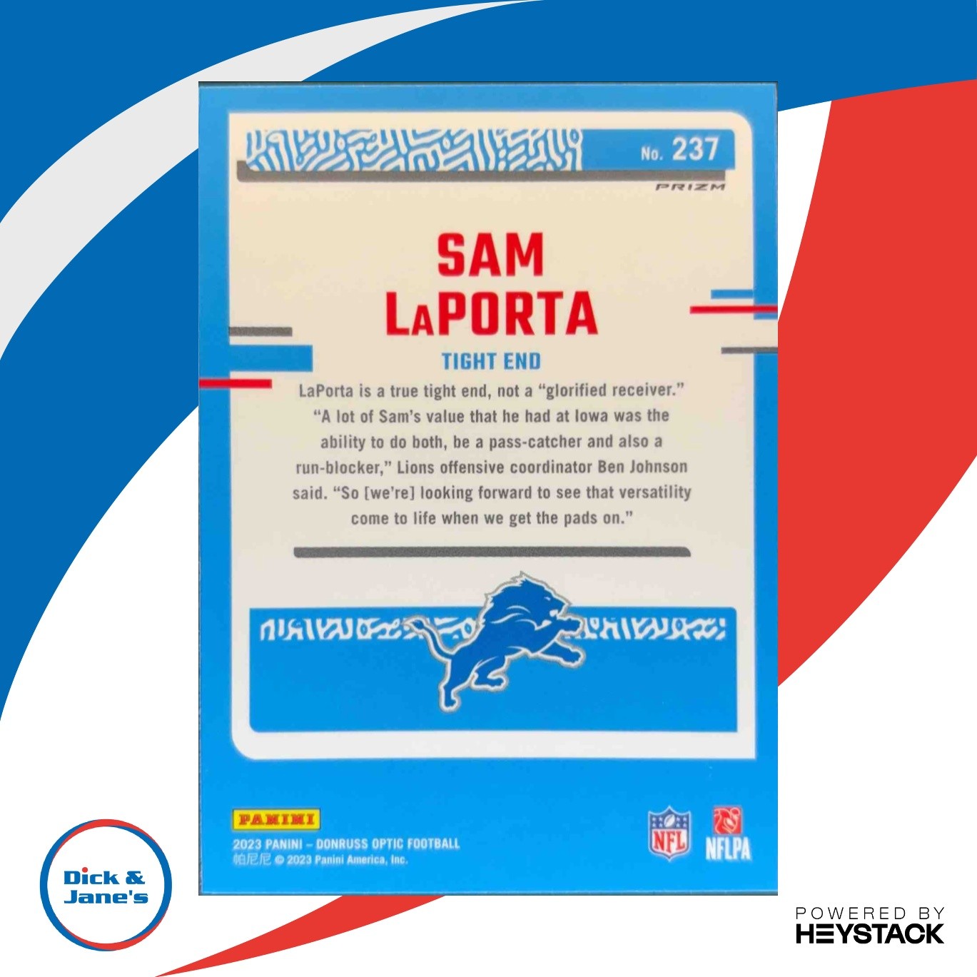2023 Donruss Optic Sam LaPorta Blue Scope Prizm #237 Rated Rookie Detroit Lions