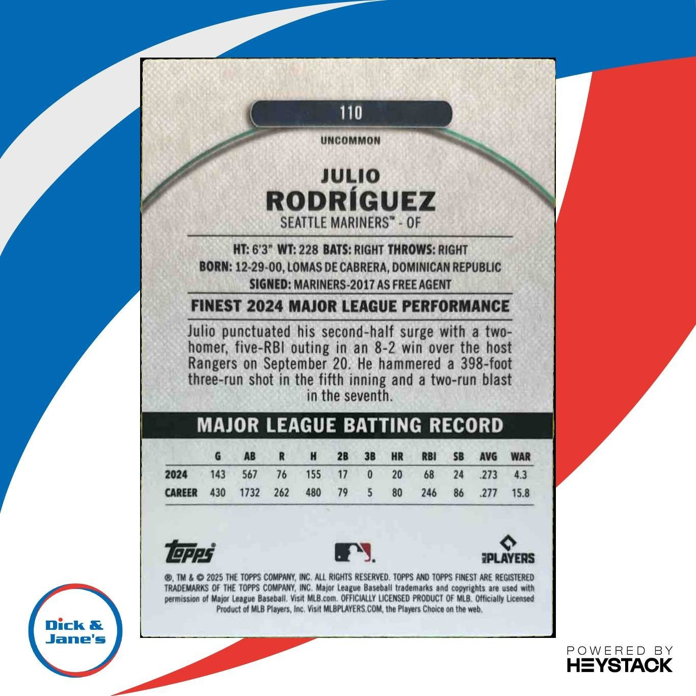 2025 Topps Finest Julio Rodriguez Sky Blue /250 #110 Seattle Mariners
