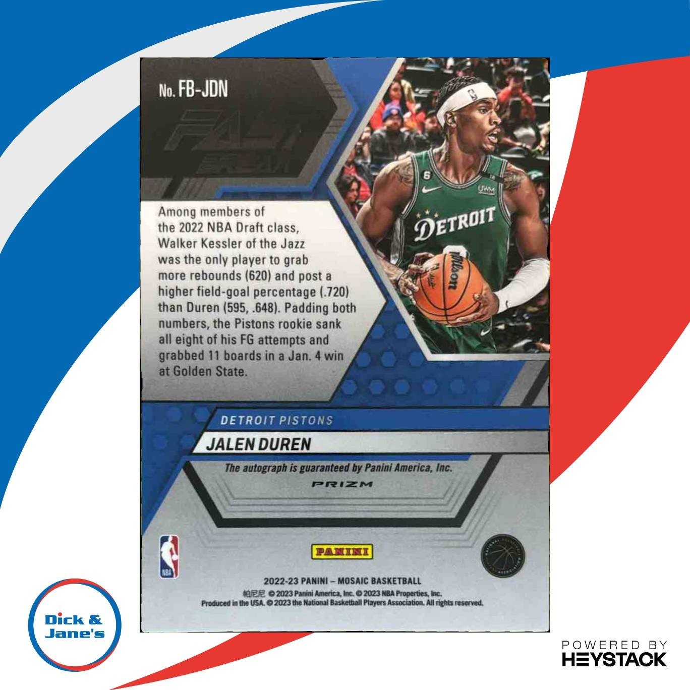2022-23 Panini Mosaic Jalen Duren Auto Fast Break Blue RC Detroit Pistons
