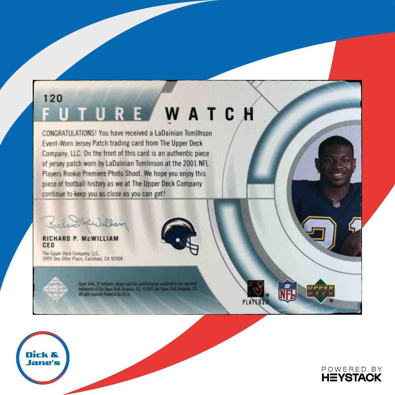 2001 SP Authentic LaDainian Tomlinson /500 #120 MEM RC Future Watch Chargers