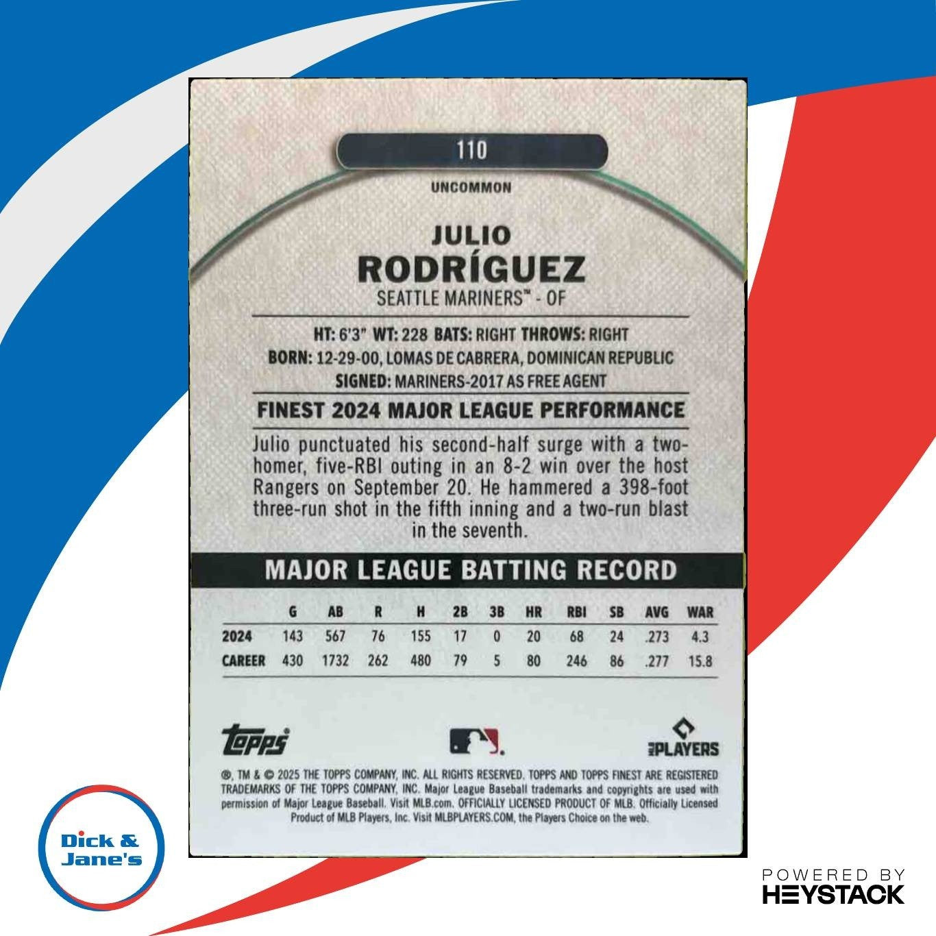 2025 Topps Finest Julio Rodriguez Magenta /300 #110 Seattle Mariners