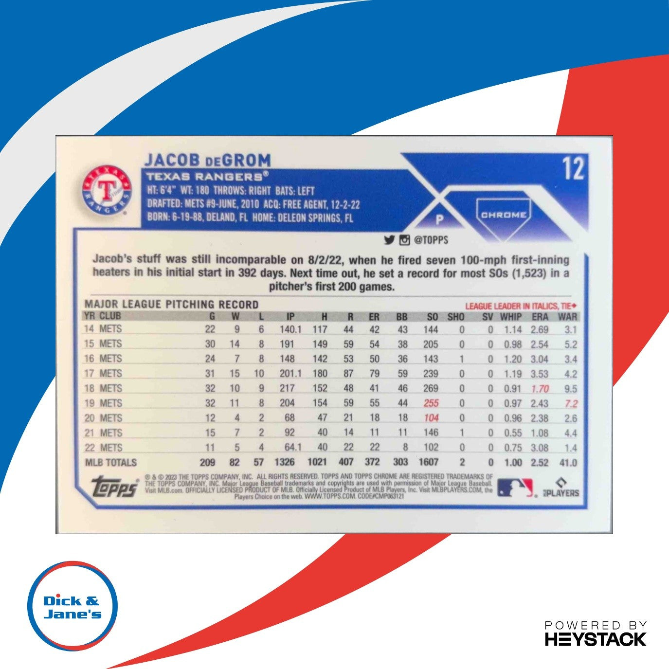 2023 Topps Chrome Jacob deGrom Gold Refractor 13/50 #12 Texas Rangers