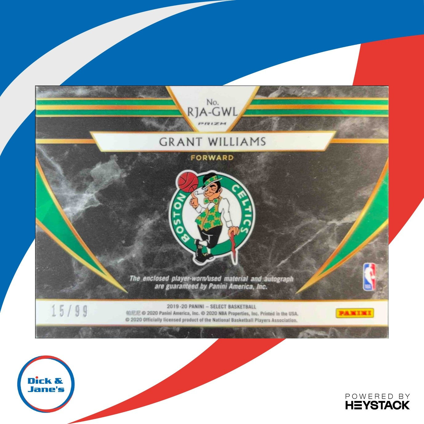 2019-20 Select Grant Williams Rookie Jersey Auto Purple 15/99 RC Boston Celtics