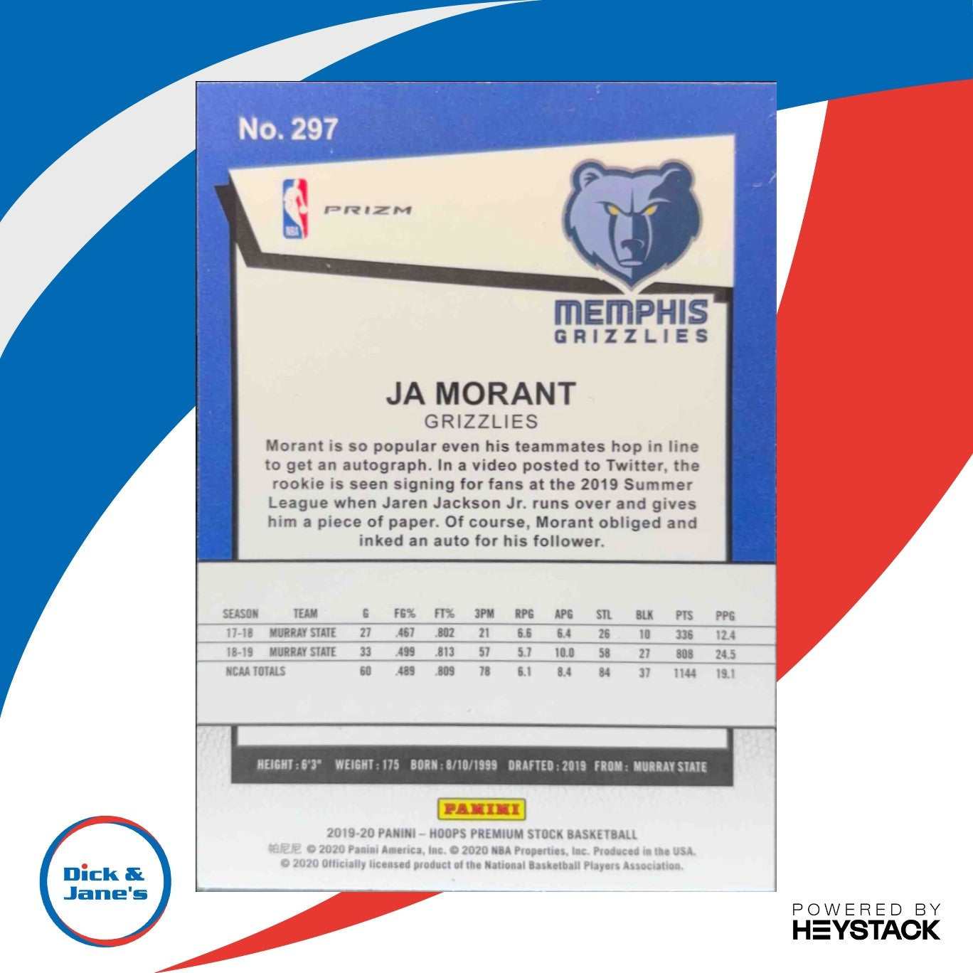 2019-20 Panini Hoops Premium Stock Ja Morant Prizms Silver Holo #297 RC Memphis