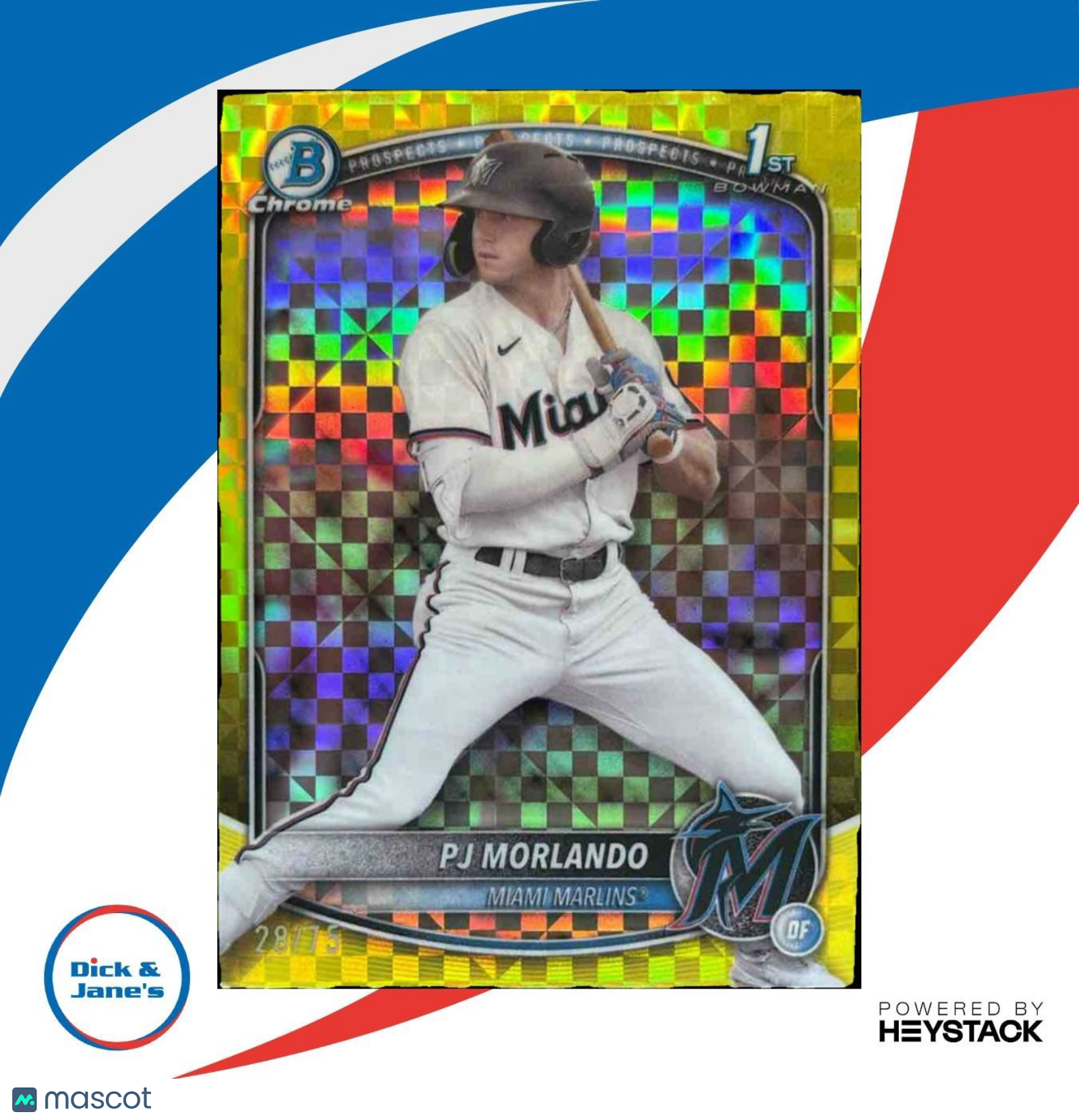 2025 Bowman PJ Morlando Chrome Yellow X-Fractor /75 1st Prospect Miami Marlins