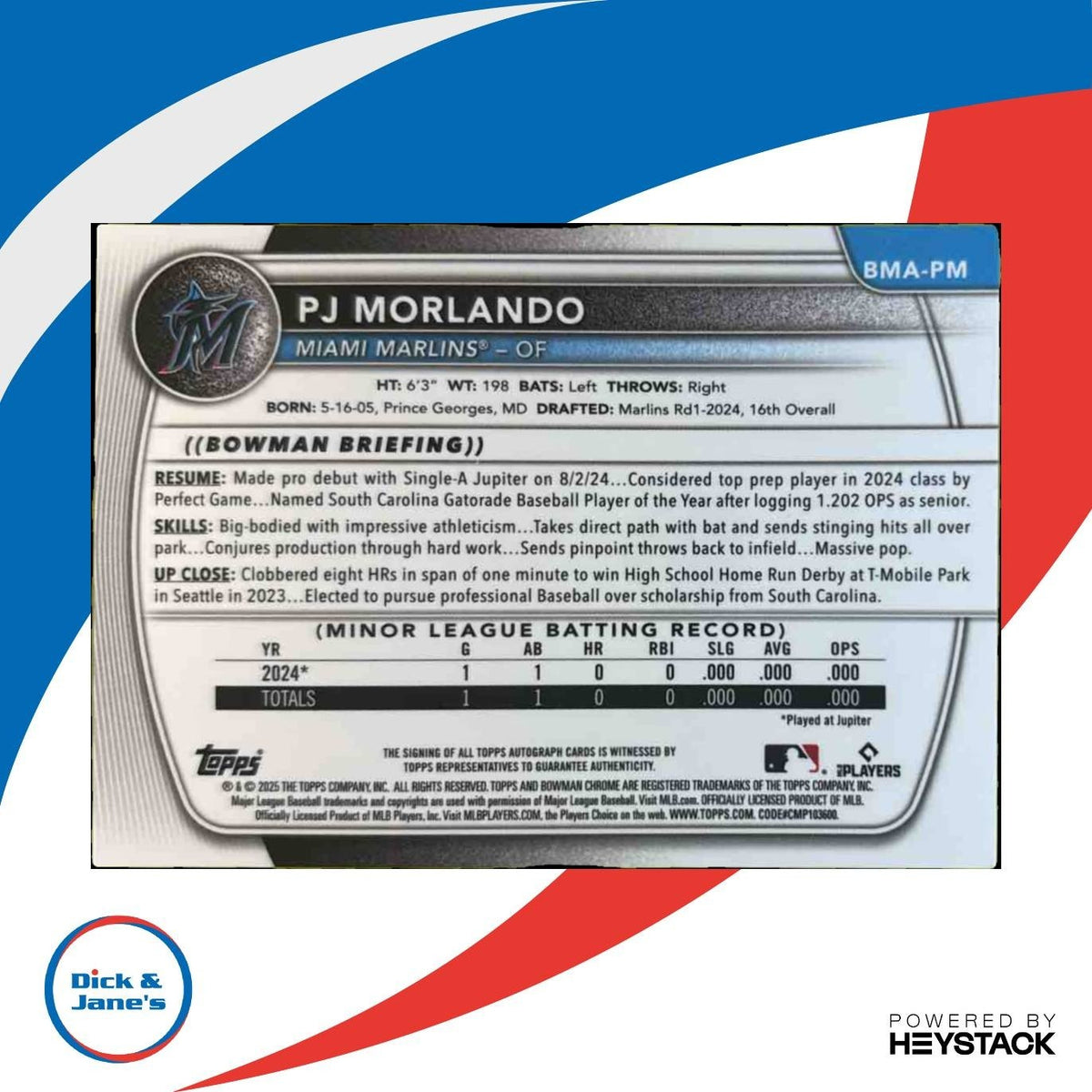 2025 Bowman PJ Morlando Chrome Auto Mega Box Green /99 1st Prospect Marlins