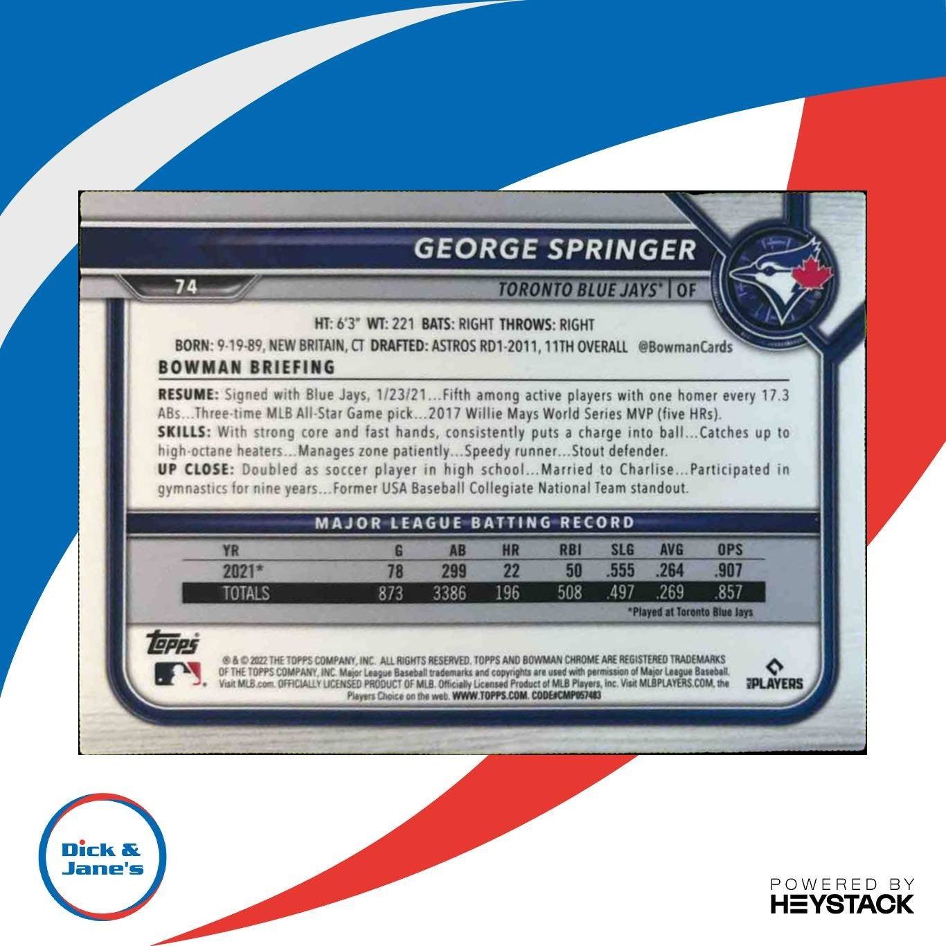 2022 Bowman Chrome Sapphire George Springer Orange 23/75 #74 Toronto Blue Jays