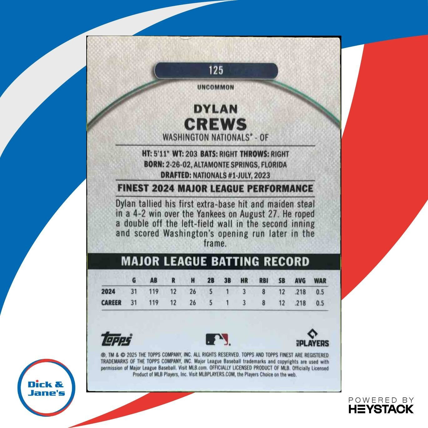 2025 Topps Finest Dylan Crews Magenta /300 #125 RC Washington Nationals