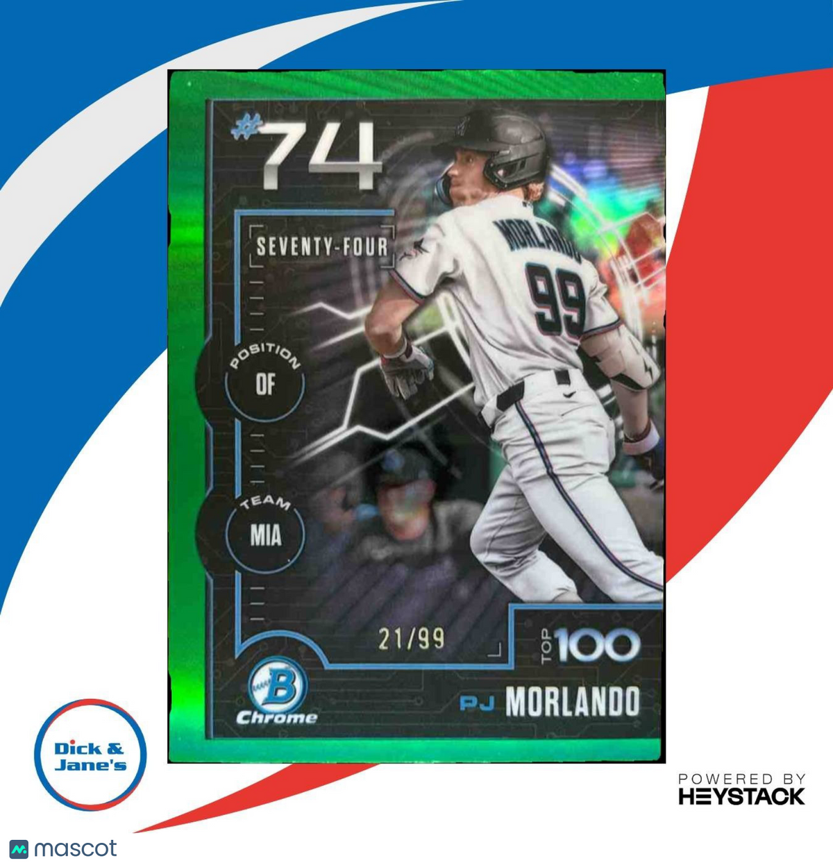2025 Bowman PJ Morlando Scouts' Top 100 Chrome Green /99 #BTP-74 Miami Marlins