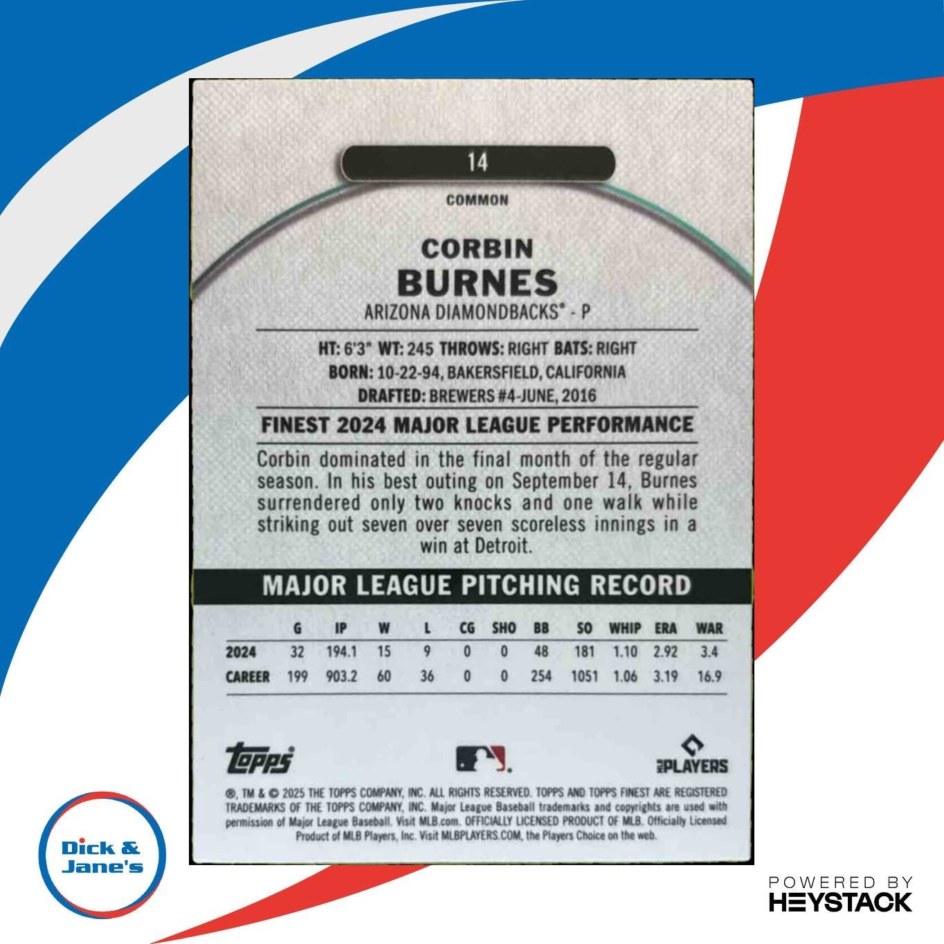 2025 Topps Finest Corbin Burnes Common Blue /200 #14 Arizona Diamondbacks
