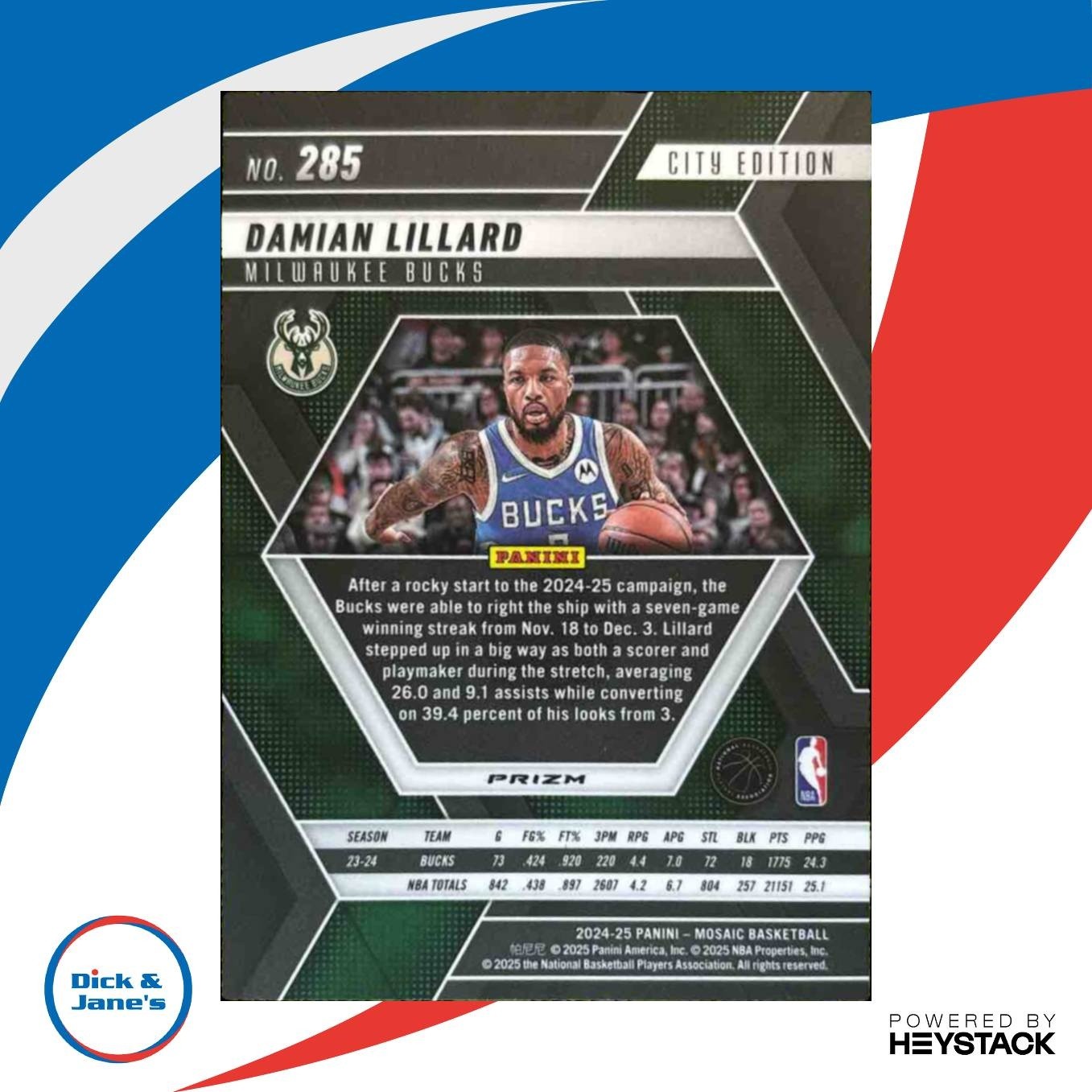 2024-25 Panini Mosaic Damian Lillard Genesis #285 City Edition Milwaukee Bucks