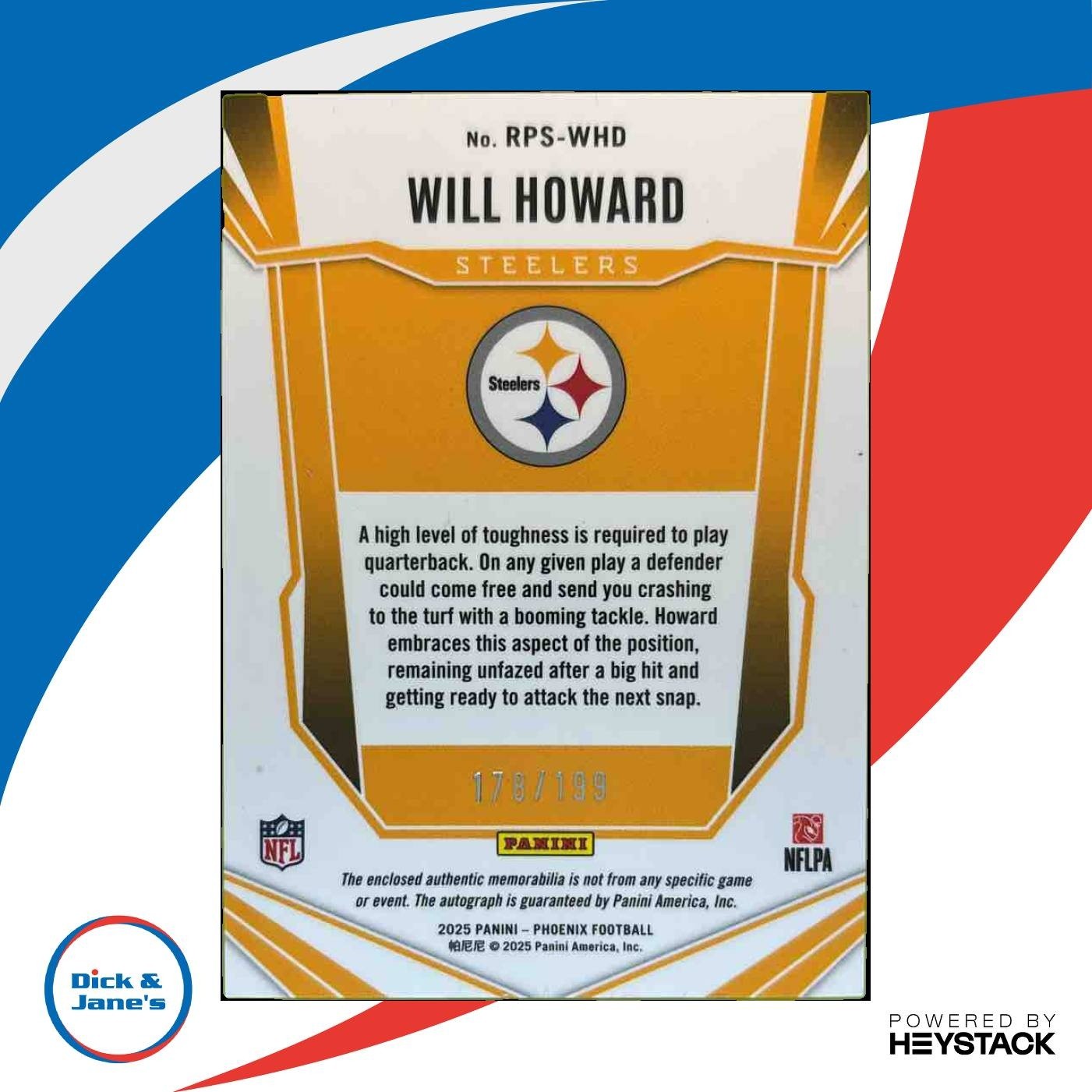 2025 Panini Phoenix Will Howard RPS Rookie Patch Auto /199 RC Steelers