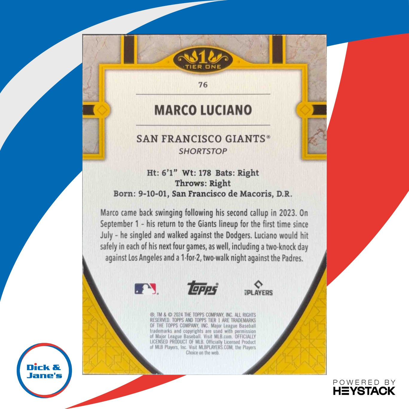 2024 Topps Tier One Marco Luciano Red Foil 10/50 #76 RC San Francisco Giants