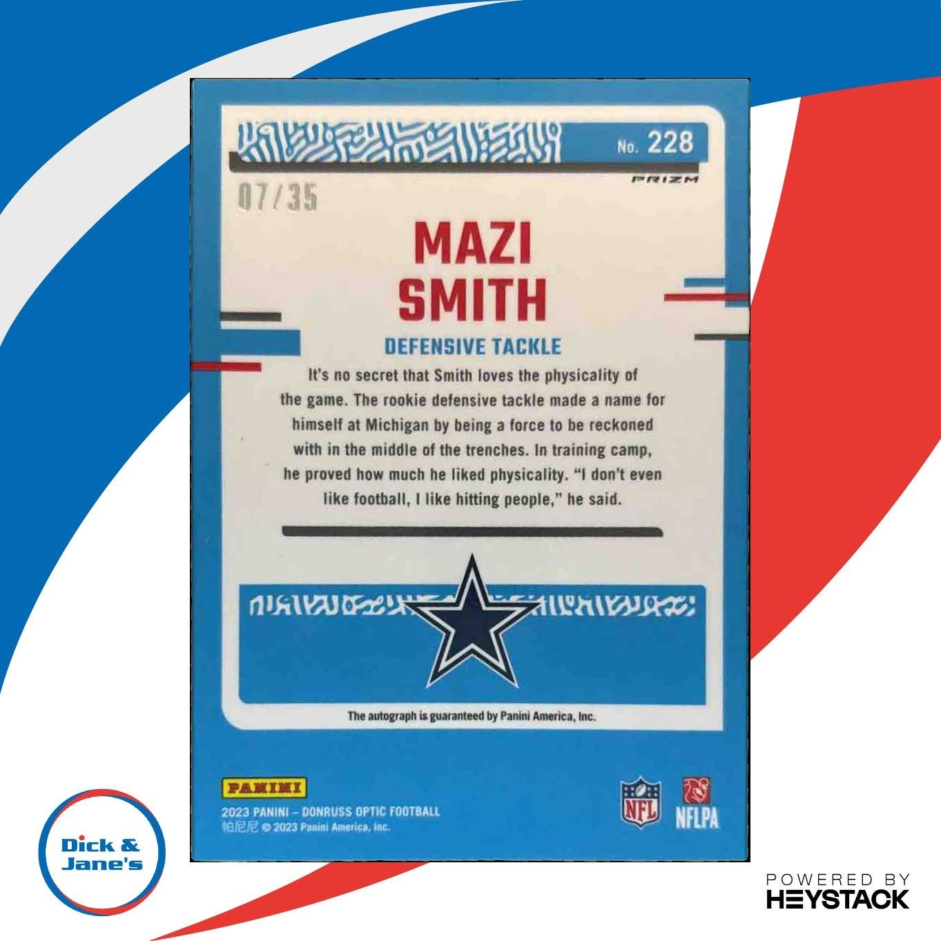 2023 Donruss Optic Mazi Smith Auto Purple 7/35 #228 RC Dallas Cowboys