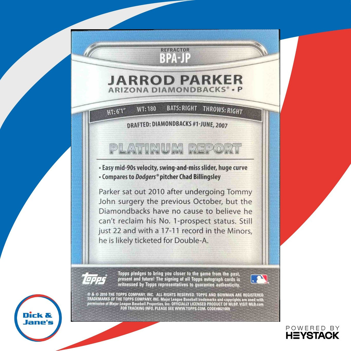 2010 Bowman Platinum Jarrod Parker Prospect Auto Refractor Arizona Diamondbacks