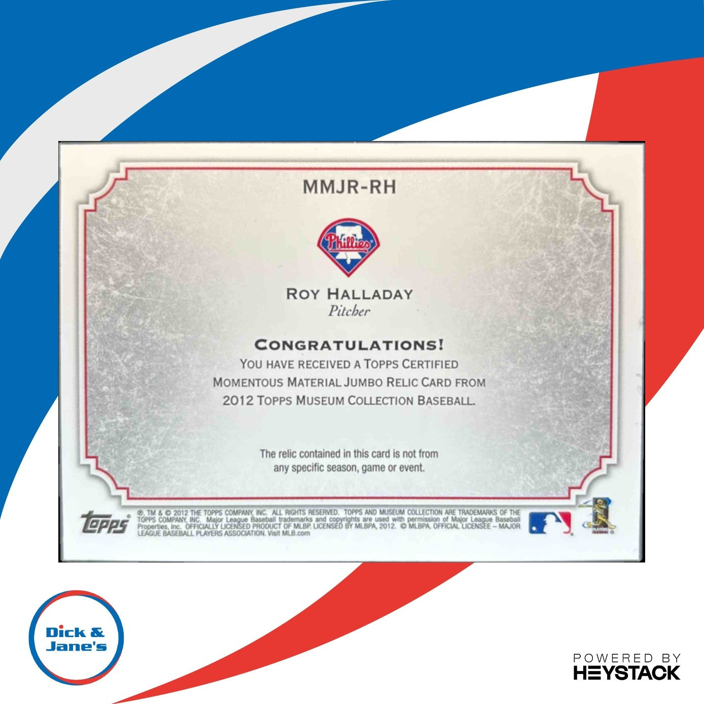 2012 Topps Museum Collection Roy Halladay Momentous Jumbo Relics Gold 30/35