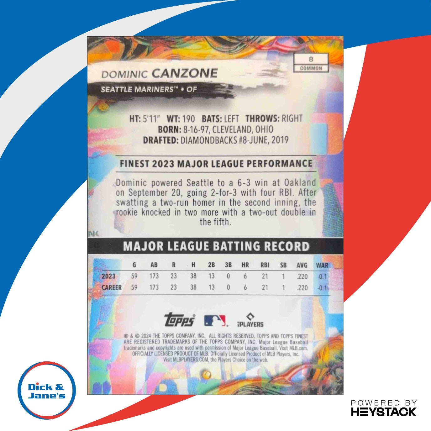 2024 Topps Finest Dominic Canzone SSP Black Refractor 9/20 RC Seattle Mariners