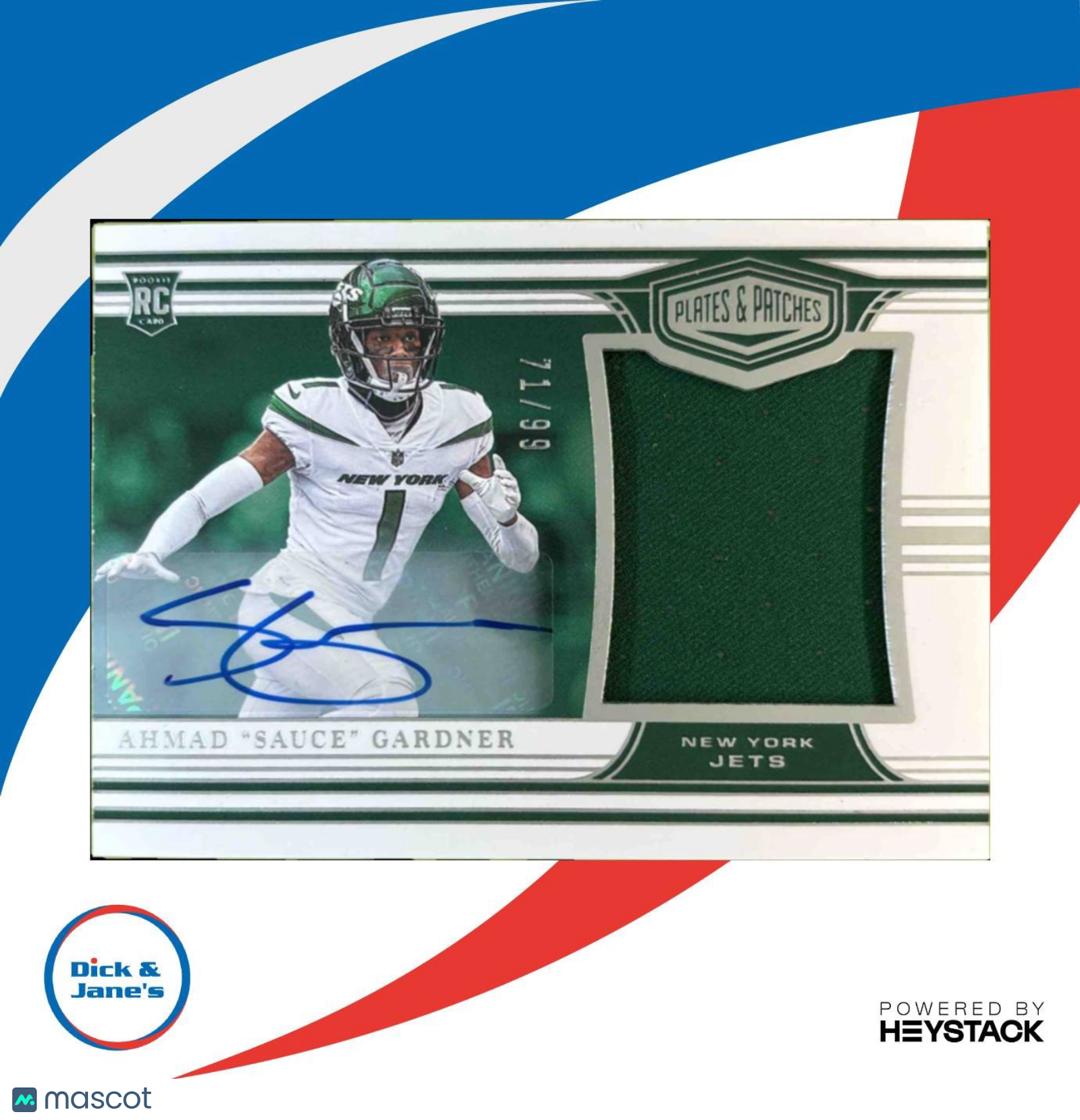 2022 Chronicles Ahmad "Sauce" Gardner Plates and Patches Rookie Auto /99 Jets