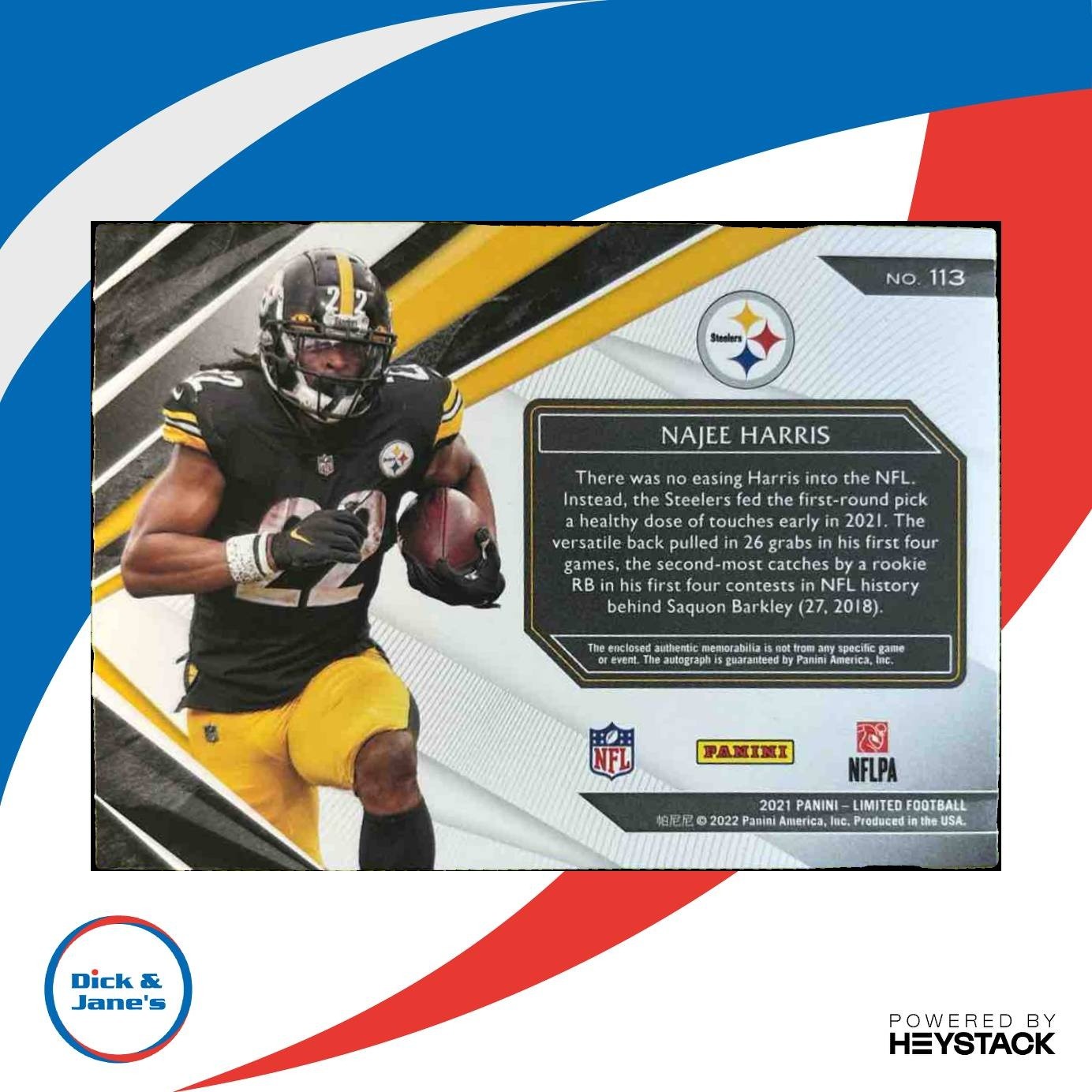 2021 Panini Limited Najee Harris /75 #113 MEM Auto RC Pittsburgh Steelers