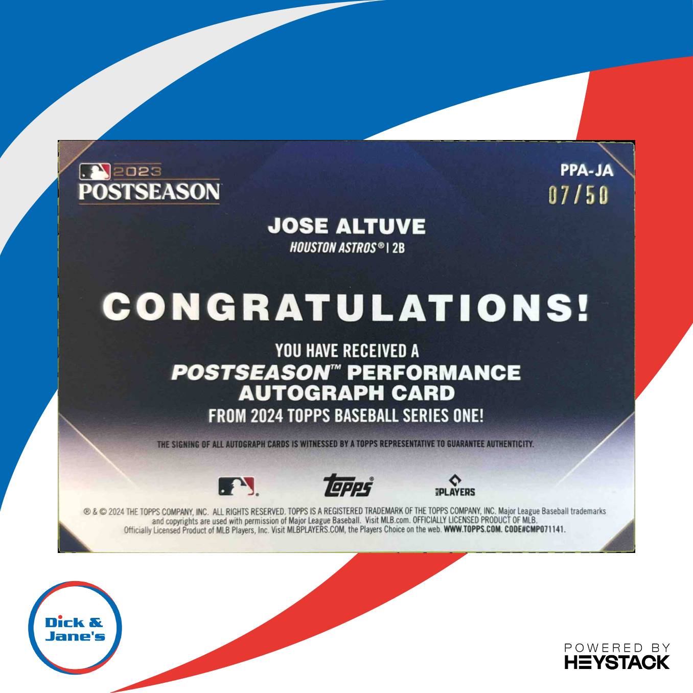 2024 Topps Jose Altuve Postseason Performance Auto 7/50 #PPA-JA Houston Astros
