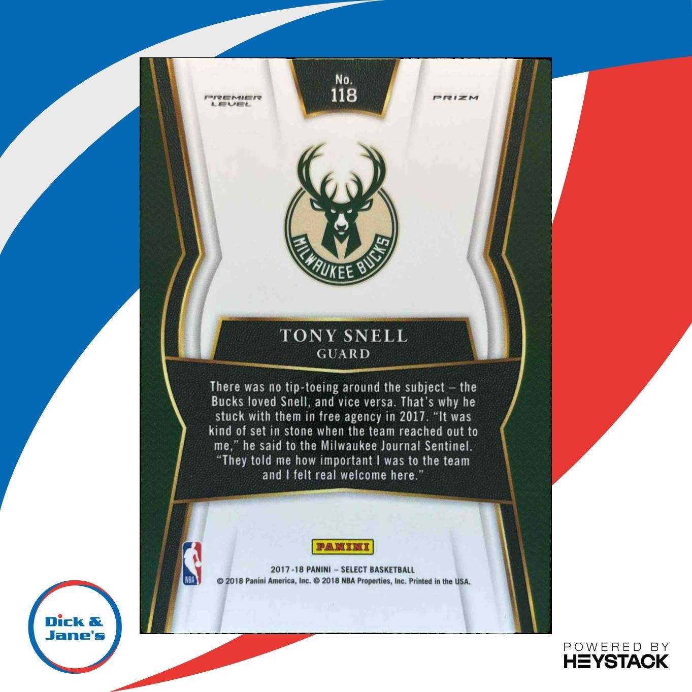 2017-18 Panini Select Tony Snell Zebra Prizms #118 Premier Level Milwaukee Bucks