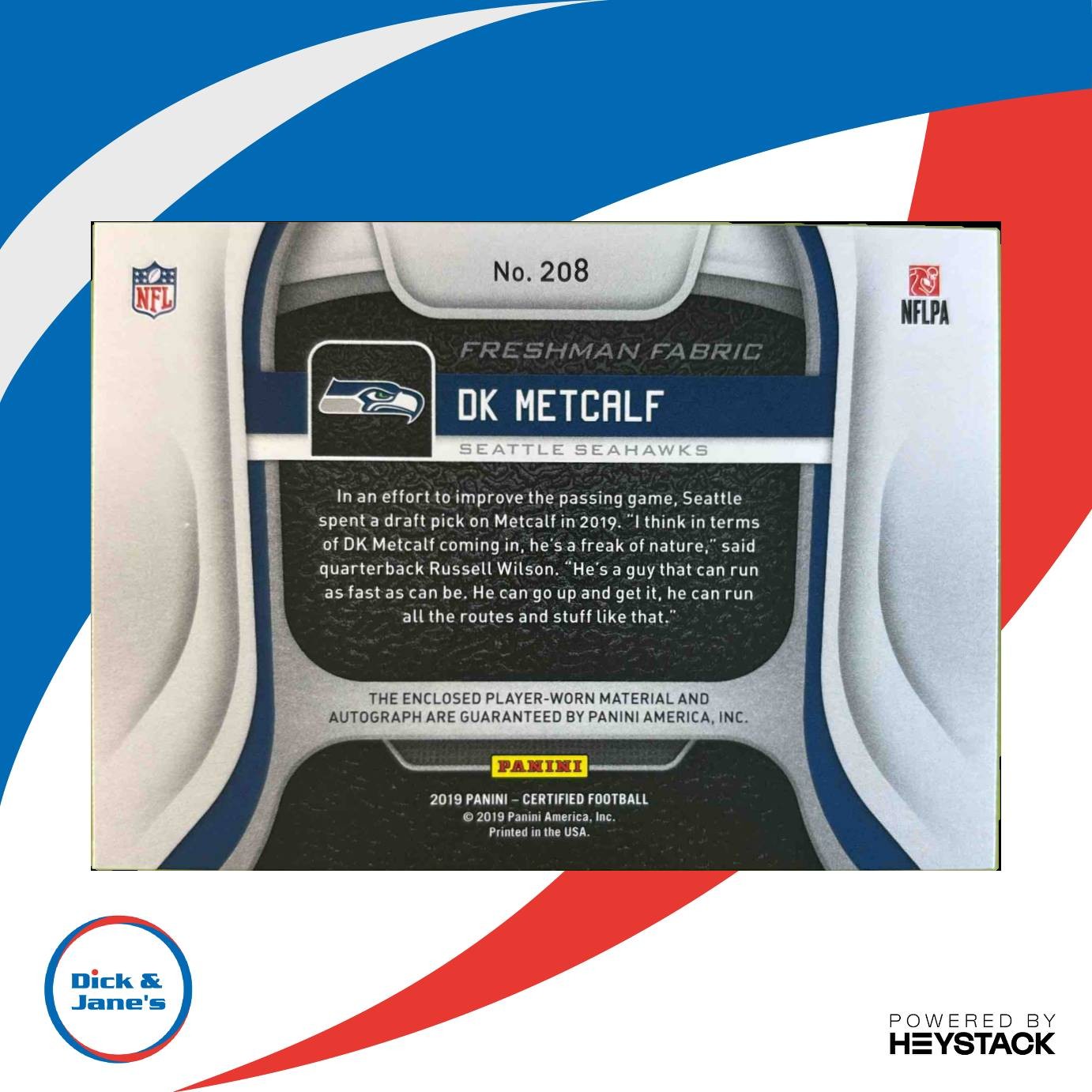 2019 Panini Certified DK Metcalf /399 #208 MEM Auto RC Freshman Fabric Seahawks