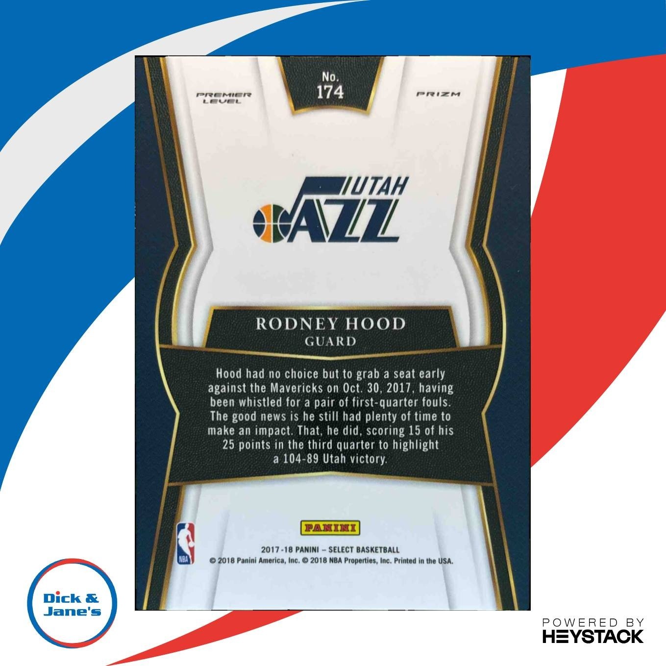 2017-18 Panini Select Rodney Hood Zebra Prizms #174 Premier Level Utah Jazz