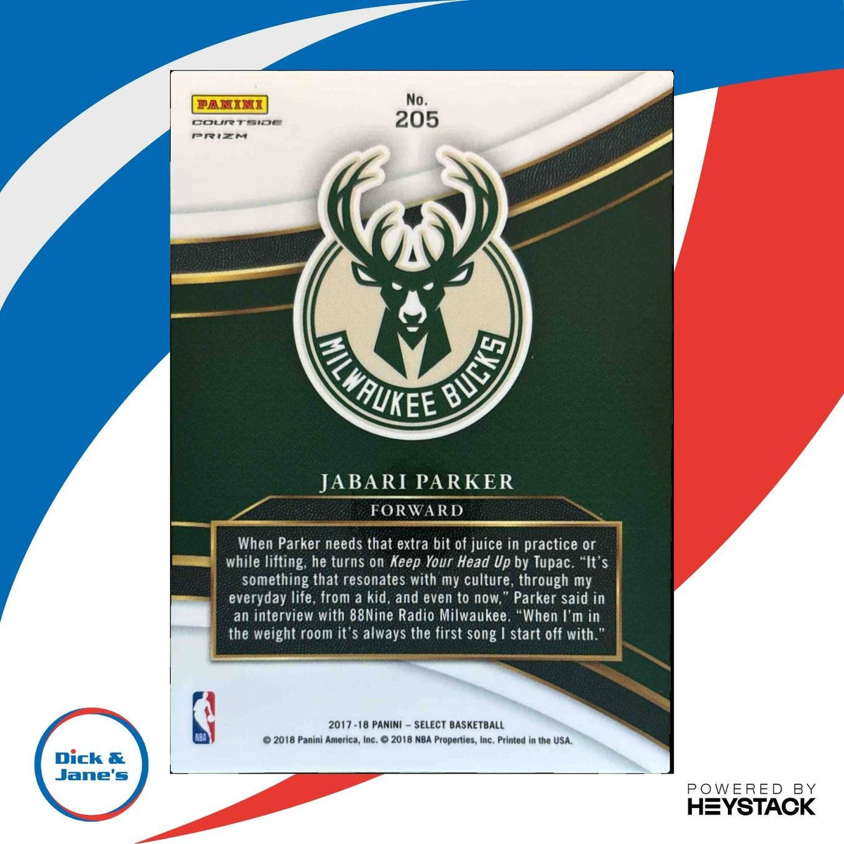 2017-18 Panini Select Jabari Parker Zebra Prizms #205 Courtside Milwaukee Bucks