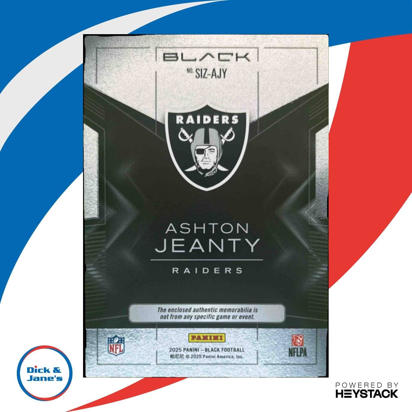 2025 Panini Black Ashton Jeanty Sizeable Rookie Memorabilia /149 MEM RC Raiders