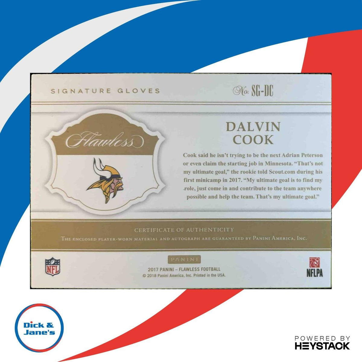 2017 Panini Flawless Dalvin Cook Signature Gloves Ruby /15 MEM Auto RC Vikings