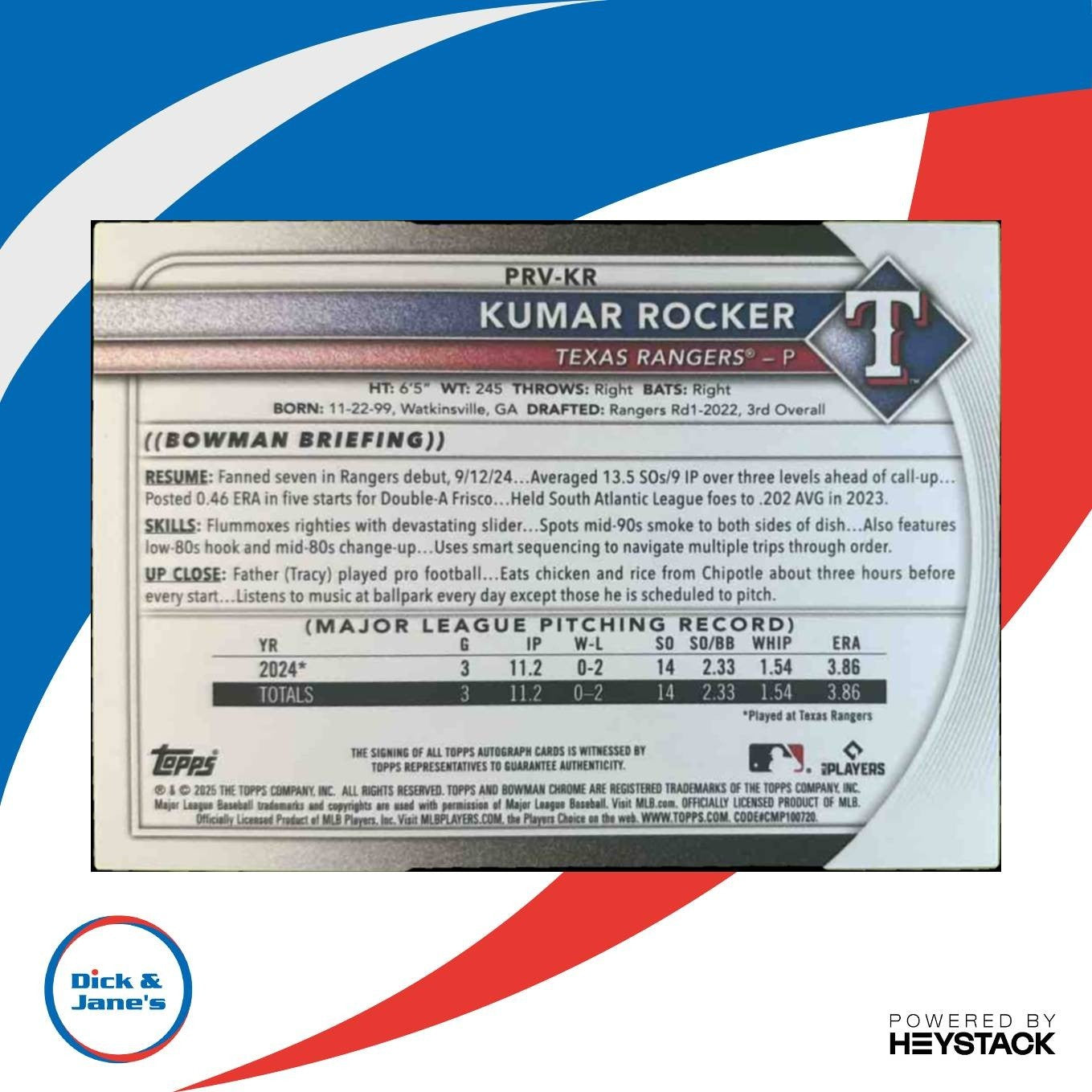 2025 Bowman Kumar Rocker Chrome Rookies and Veterans Auto RC Texas Rangers
