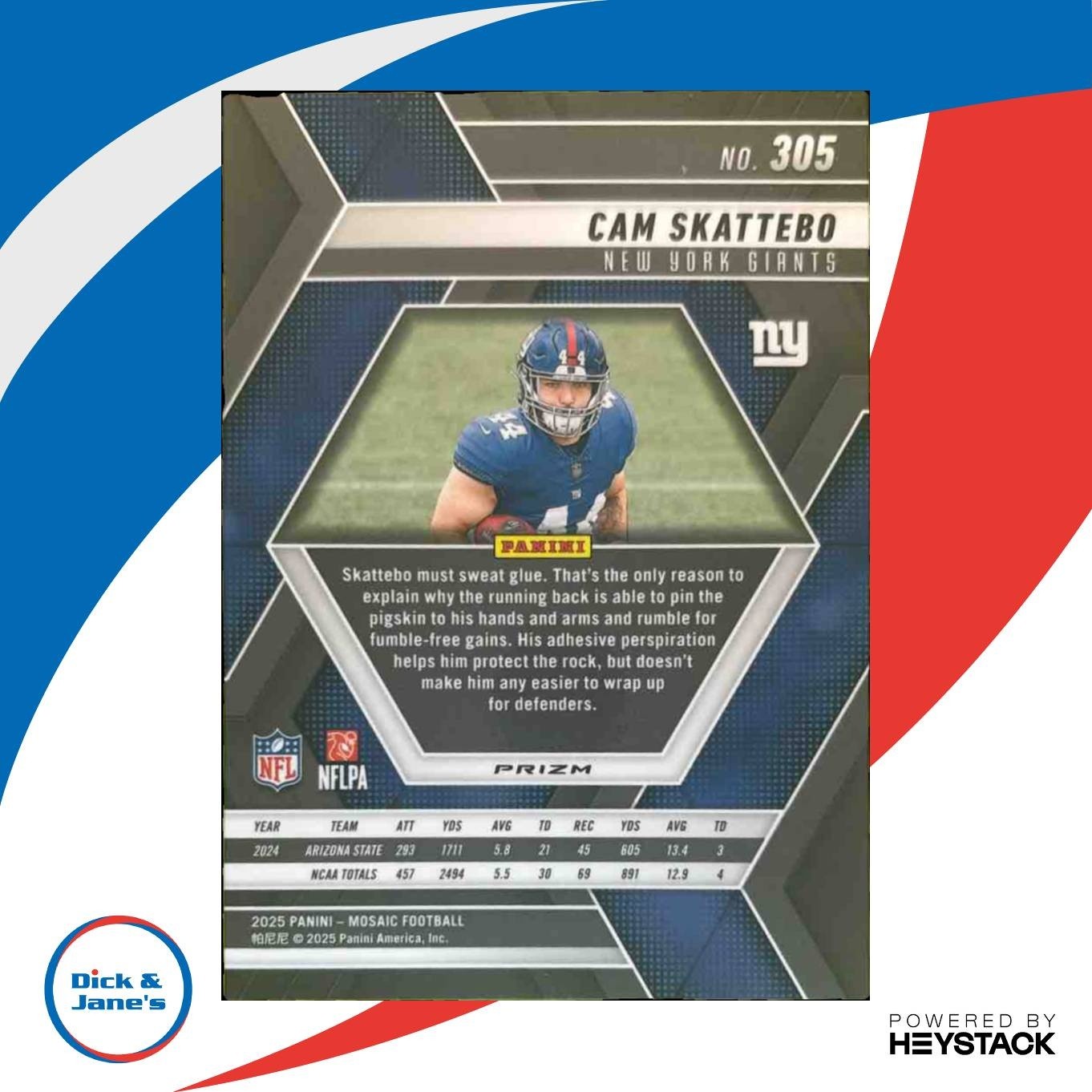 2025 Panini Mosaic Cam Skattebo Rookies Blue Prizm #305 RC New York Giants