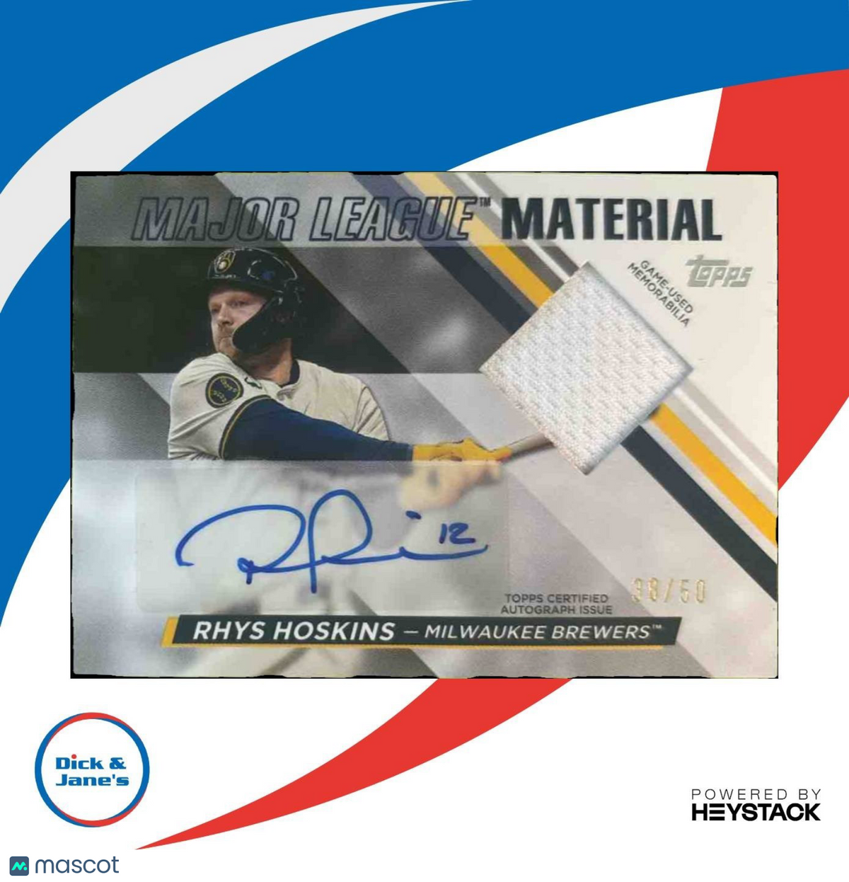 2024 Topps Update Rhys Hoskins Major League Material Auto /50 Milwaukee Brewers