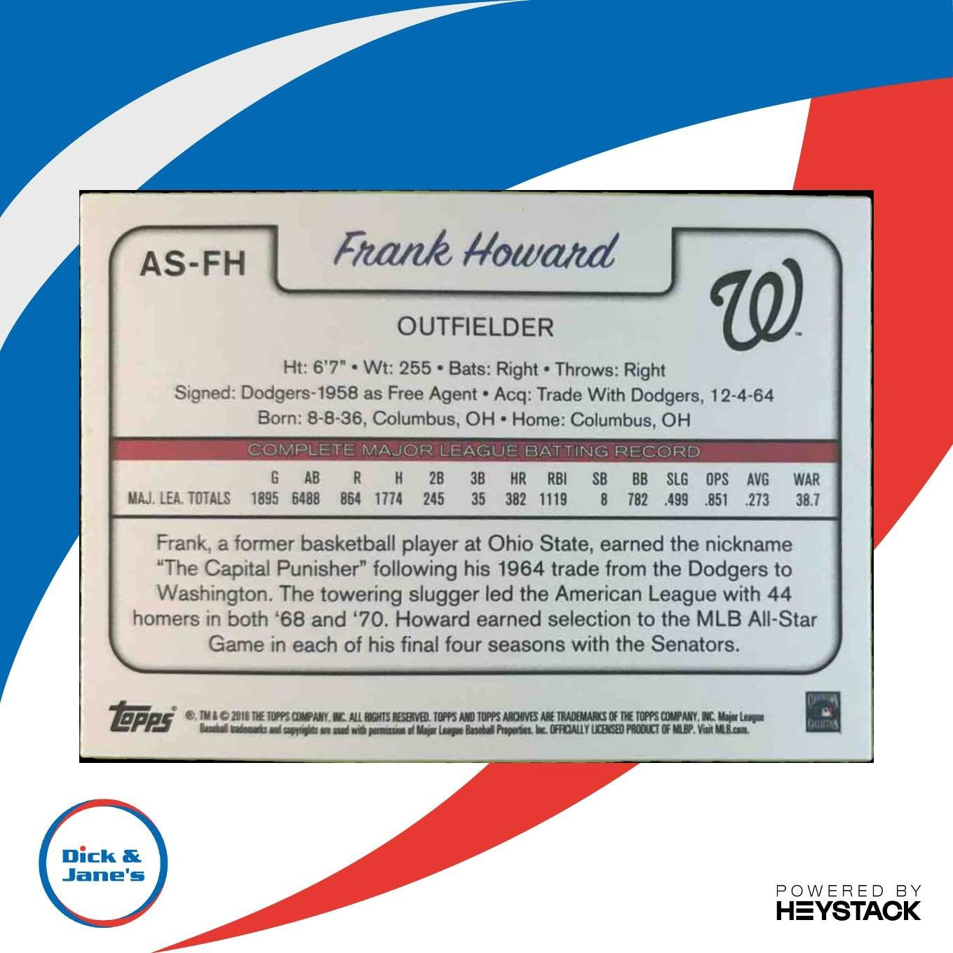 2016 Topps Archives Snapshots Frank Howard #AS-FH Washington Senators