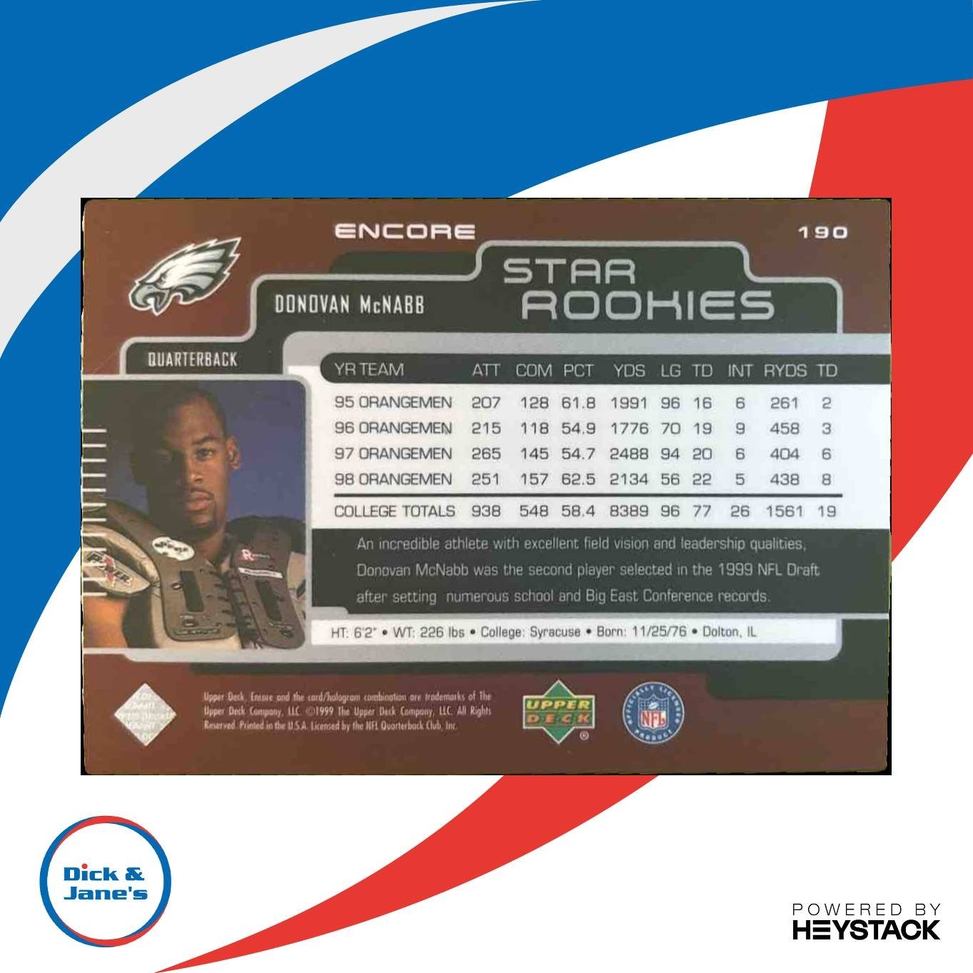 1999 Upper Deck Encore Donovan McNabb #190 RC Philadelphia Eagles