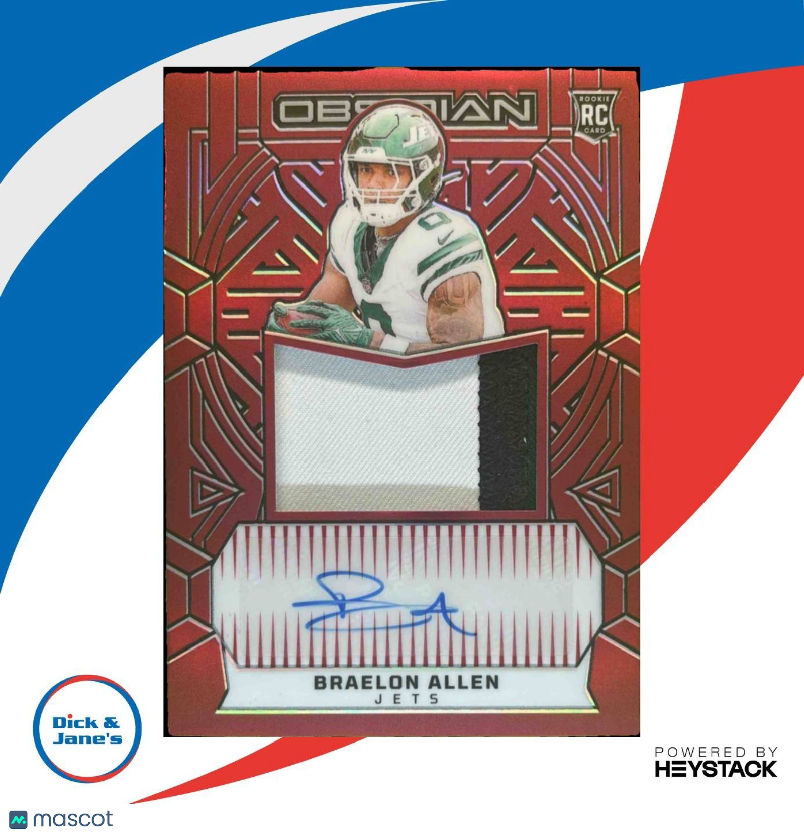 2024 Panini Obsidian Braelon Allen Rookie Jumbo Jersey Auto Red /75 RC Jets