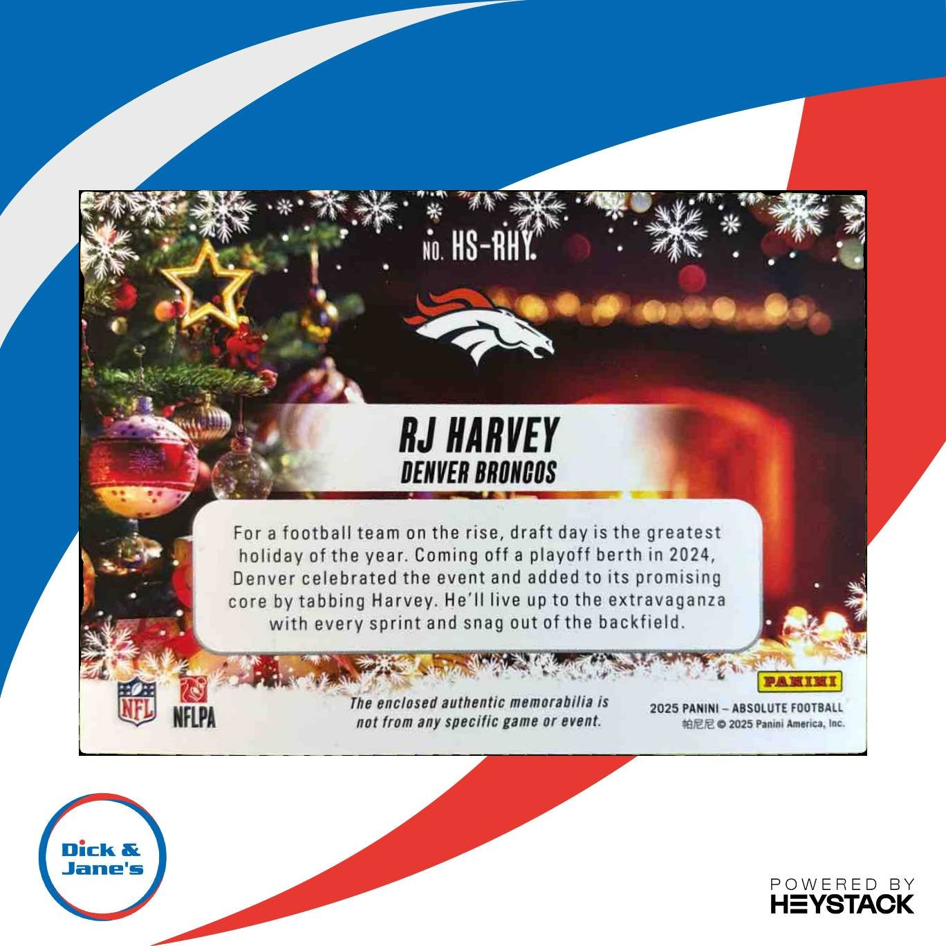 2025 Panini Absolute RJ Harvey Holiday Suit #HS-RHY MEM RC Denver Broncos