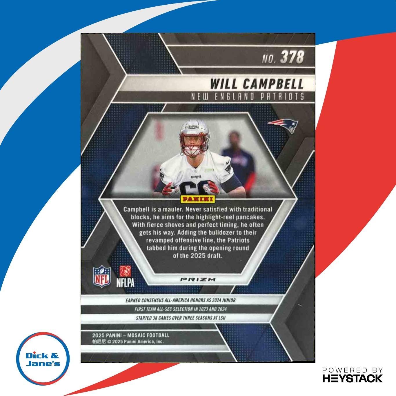2025 Mosaic Will Campbell Rookies Genesis Prizm #378 RC New England Patriots