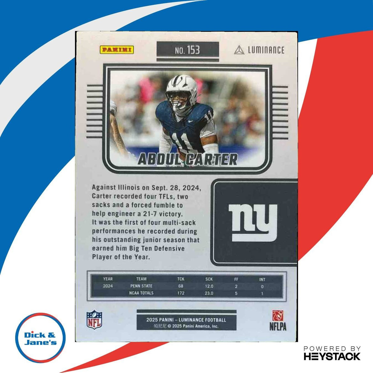 2025 Panini Luminance Abdul Carter Purple /249 #153 RC New York Giants