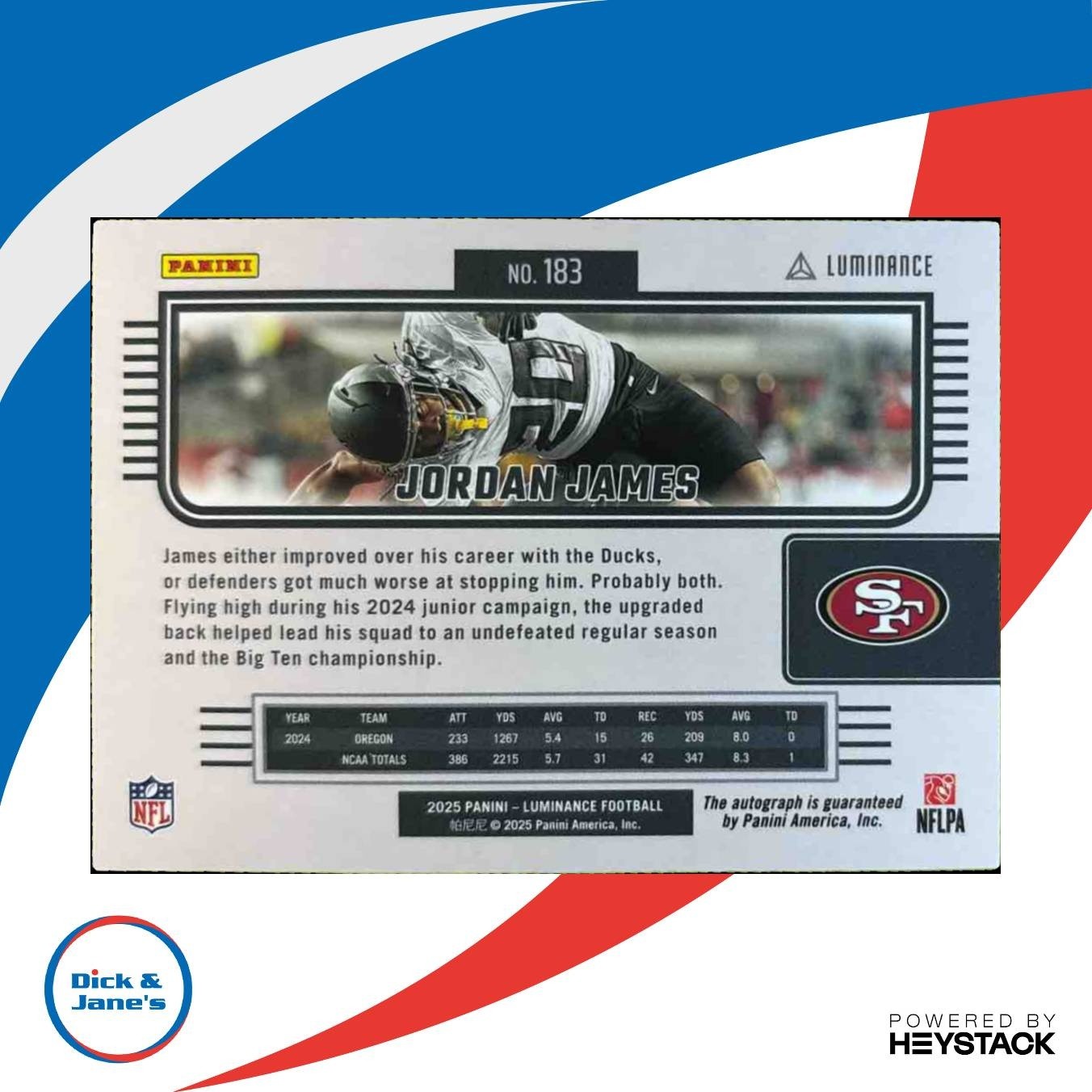 2025 Panini Luminance Jordan James Auto Gold /100 #183 RC San Francisco 49ers
