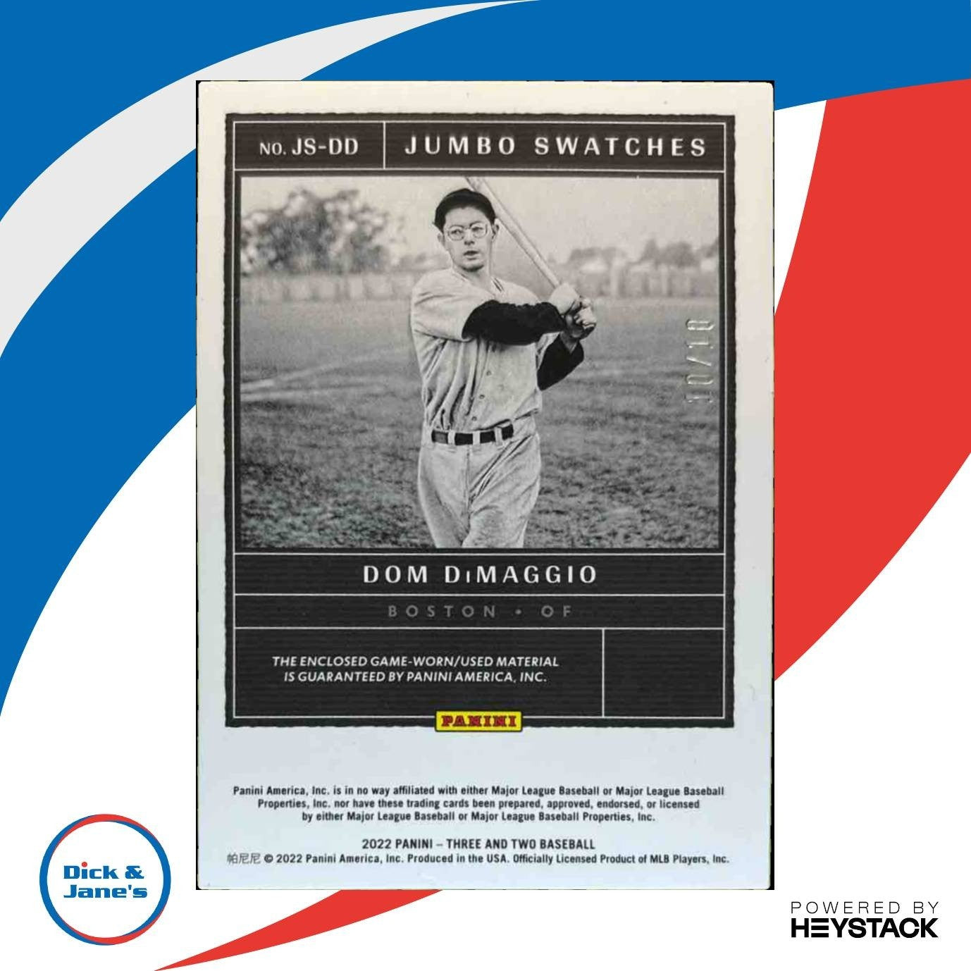 2022 Panini Three and Two Dom DiMaggio Jumbo Swatches Silver /10 Boston Red Sox
