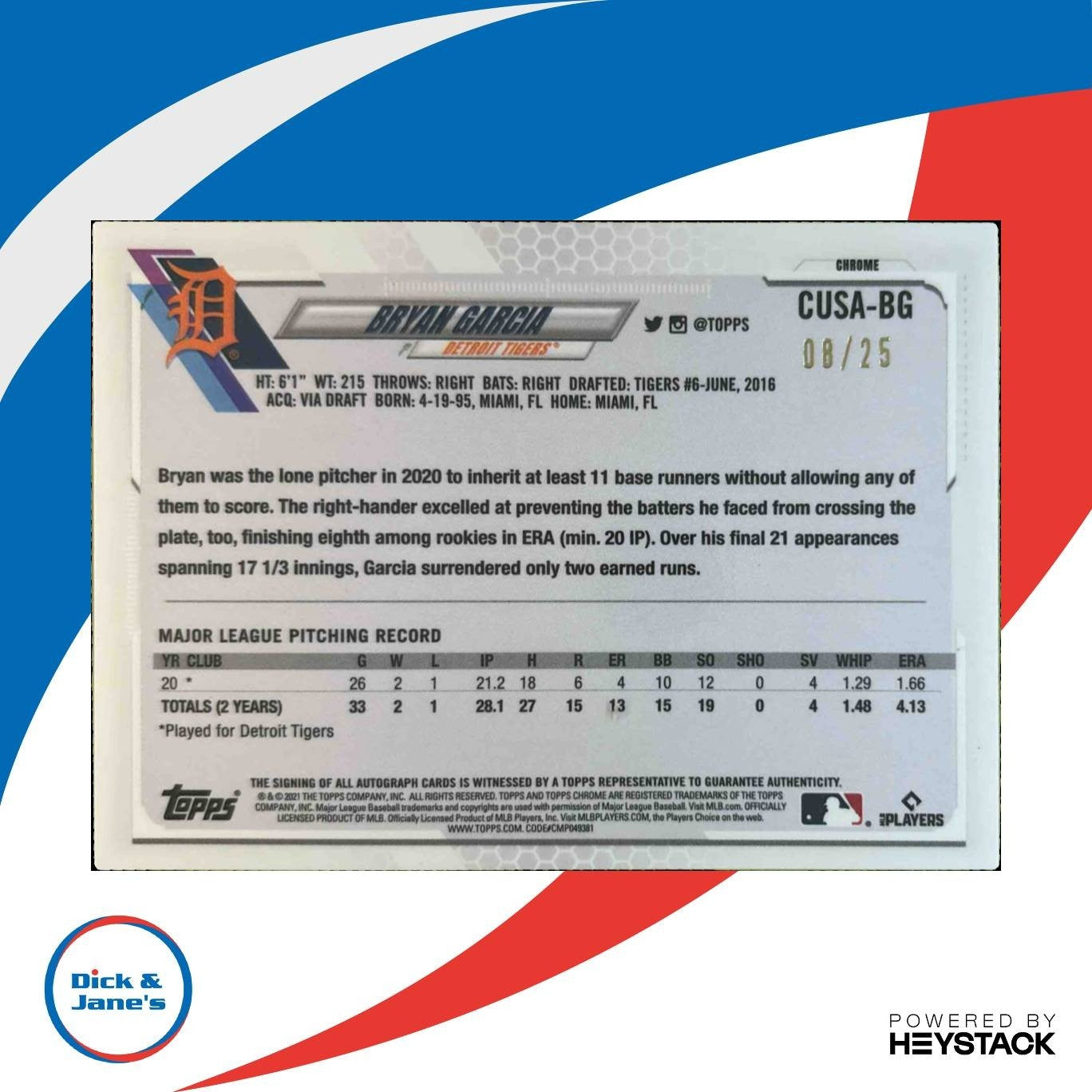 2021 Topps Chrome Update Bryan Garcia Auto Orange /25 RC Detroit Tigers