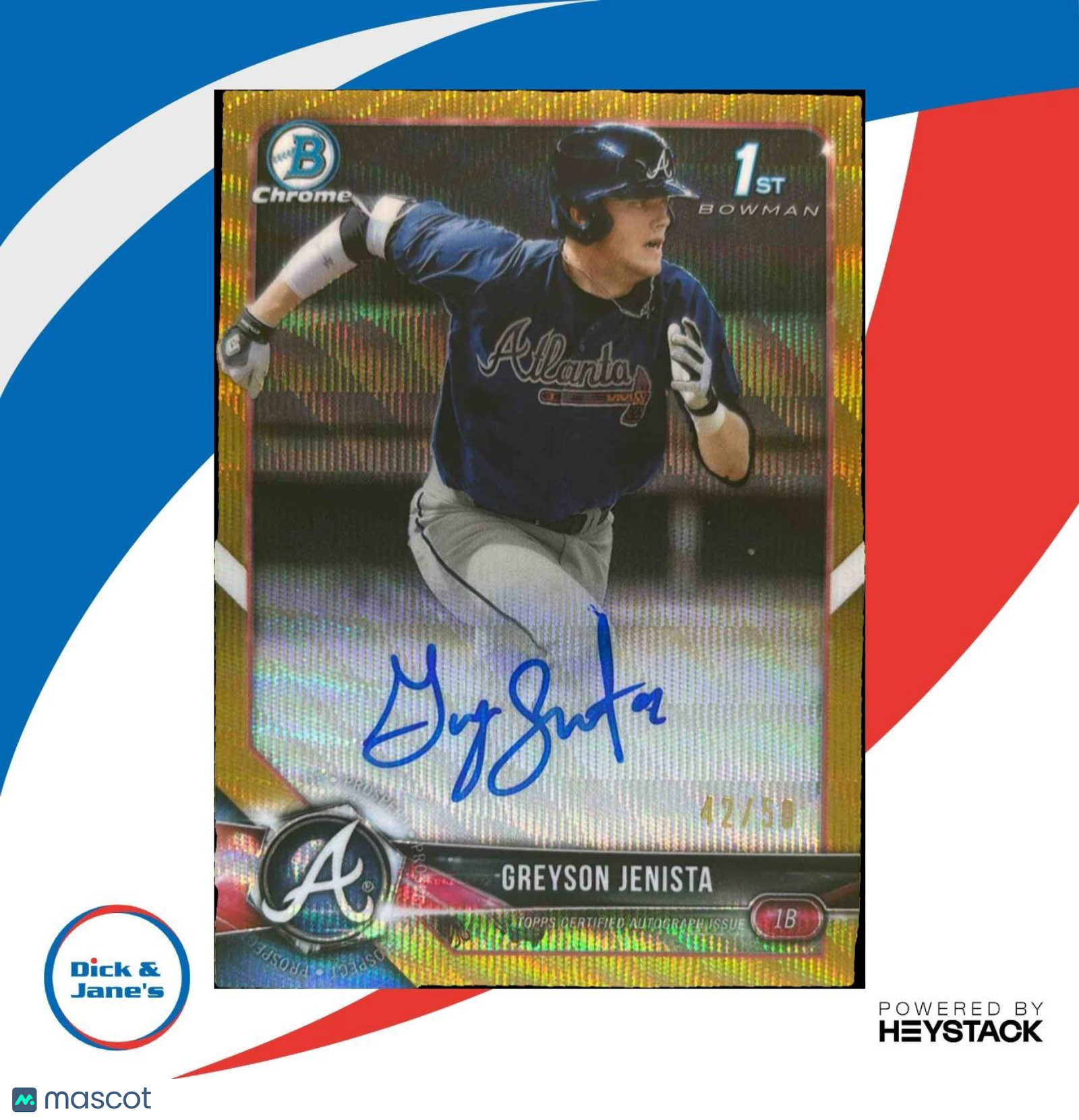 2018 Bowman Draft Greyson Jenista Chrome Pick Auto Gold Wave /50 Atlanta Braves