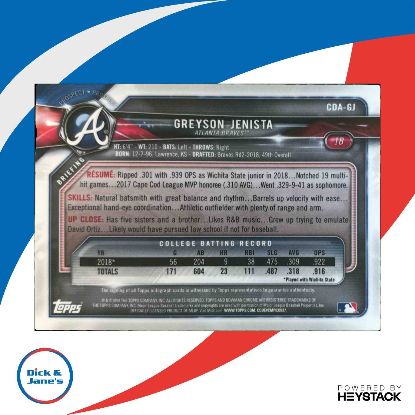 2018 Bowman Draft Greyson Jenista Chrome Pick Auto Gold Wave /50 Atlanta Braves