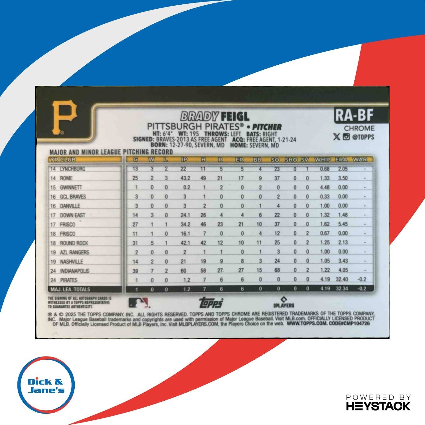 2025 Topps Chrome Brady Feigl Rookie Auto #RA-BF RC Pittsburgh Pirates
