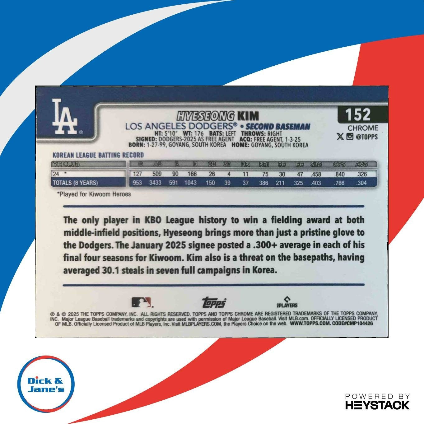 2025 Topps Chrome Hyeseong Kim RayWave Refractor #152 RC Los Angeles Dodgers