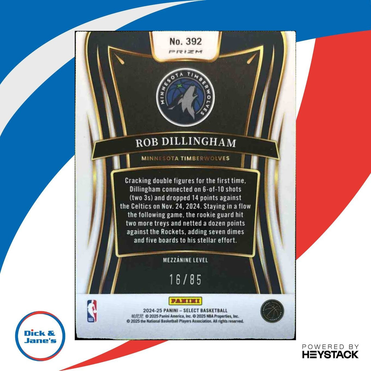 2024-25 Select Rob Dillingham Mezzanine Maroon /85 #392 RC Timberwolves