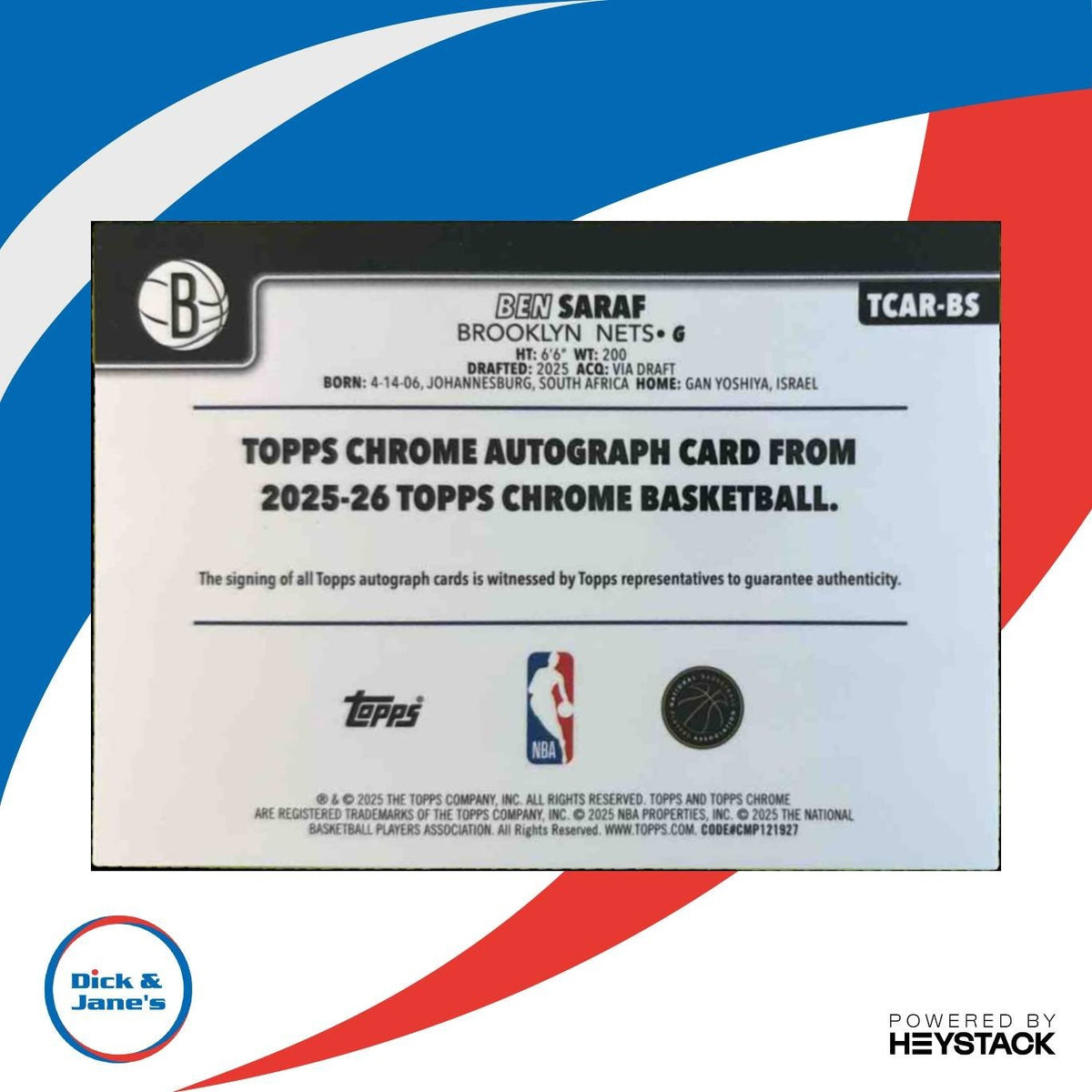 2025-26 Topps Chrome Ben Saraf Rookie Auto #TCAR-BS RC Brooklyn Nets