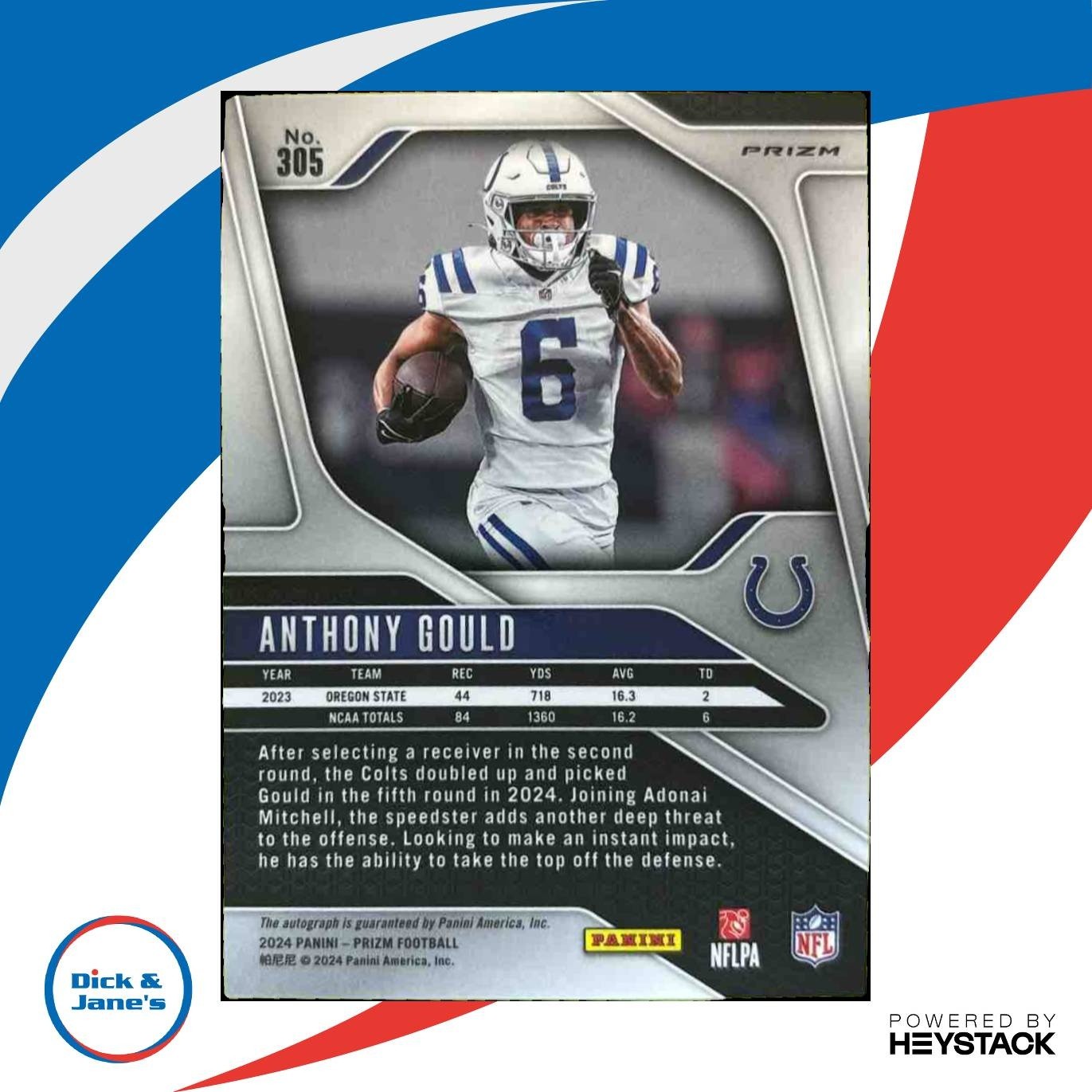 2024 Panini Prizm Anthony Gould Auto No Huddle #305 RC Indianapolis Colts